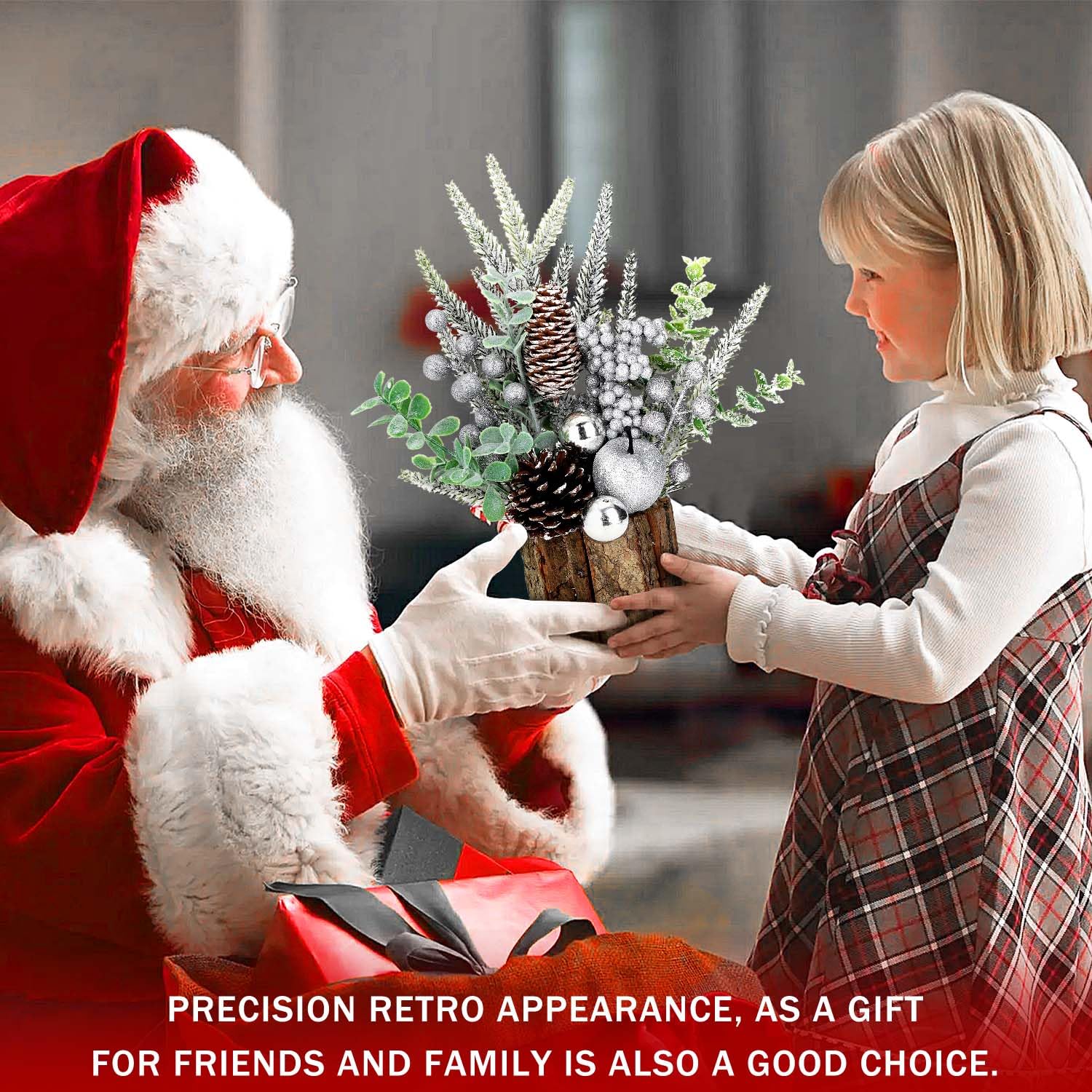 Small Christmas Tree Tabletop Artificial Mini Christmas Tree Decorations with Holiday Ornaments Red Berry Pine Cone Greenery for Home Indoor Fireplace Mantel Xmas Decor (Tree Stump-Silver) - Medaid International