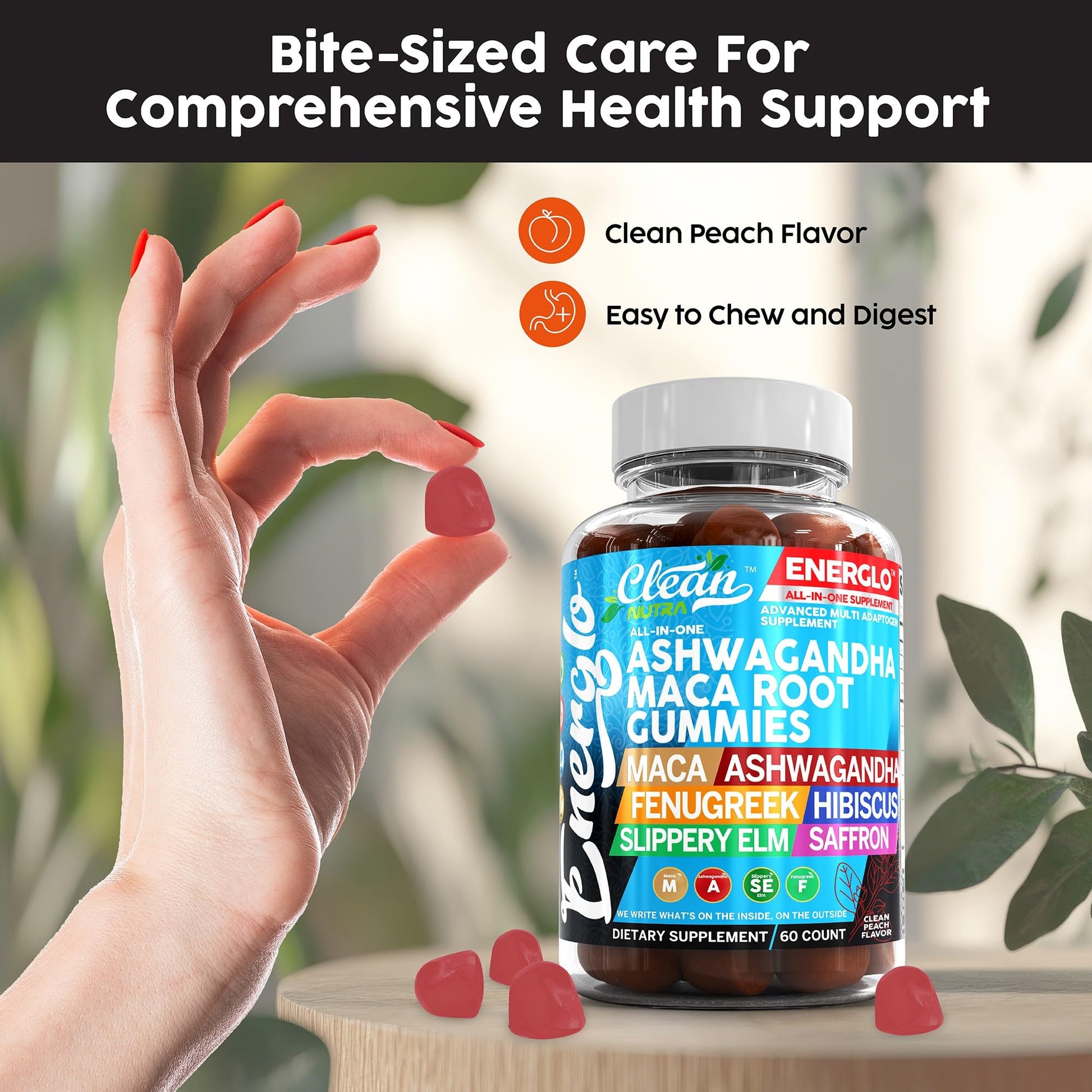 Ashwagandha Maca Root Gummies with Fenugreek Hibiscus Slippery Elm Saffron Extract & Beta Carotene | Peach Flavor Vegan Gummy Vitamins Adaptogen Cortisol Supplement Energlo by Clean Nutra - Medaid International