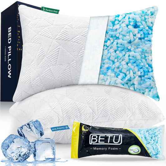 BETU Cooling Pillows Queen Size Set of 2, Shredded Memory Foam Pillows Cool for Hot Sleepers, Adjustable Firm Soft Support Bed Pillows Perfect for Back Neck Pain and Side Sleeping with Cover, White - Medaid International