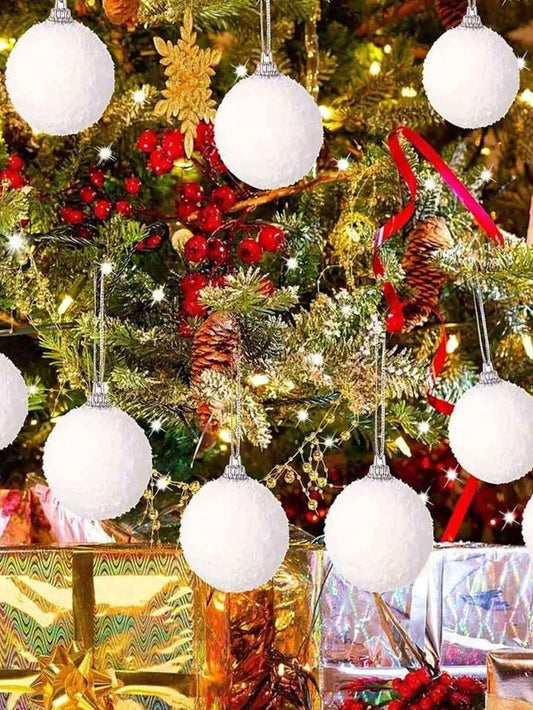 6pcsChristmas White Flocked Ball Ornaments, Snowy Textured Baubles for Tree Decor, Holiday Wreaths, Party & Gift Wrap, Infuse Winter Charm into Christmas Decorations - Medaid International