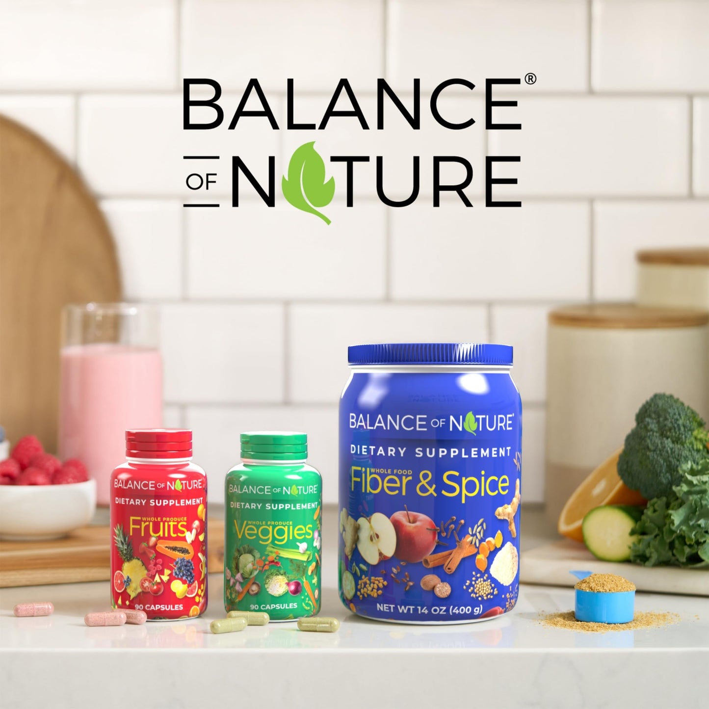 Balance of Nature Fruits and Veggies Supplements - Whole Fruit and Vegetable Ingredients for Women, Men, and Kids - 90 Fruit Capsules, 90 Veggie Capsules - 1 Set - Medaid International
