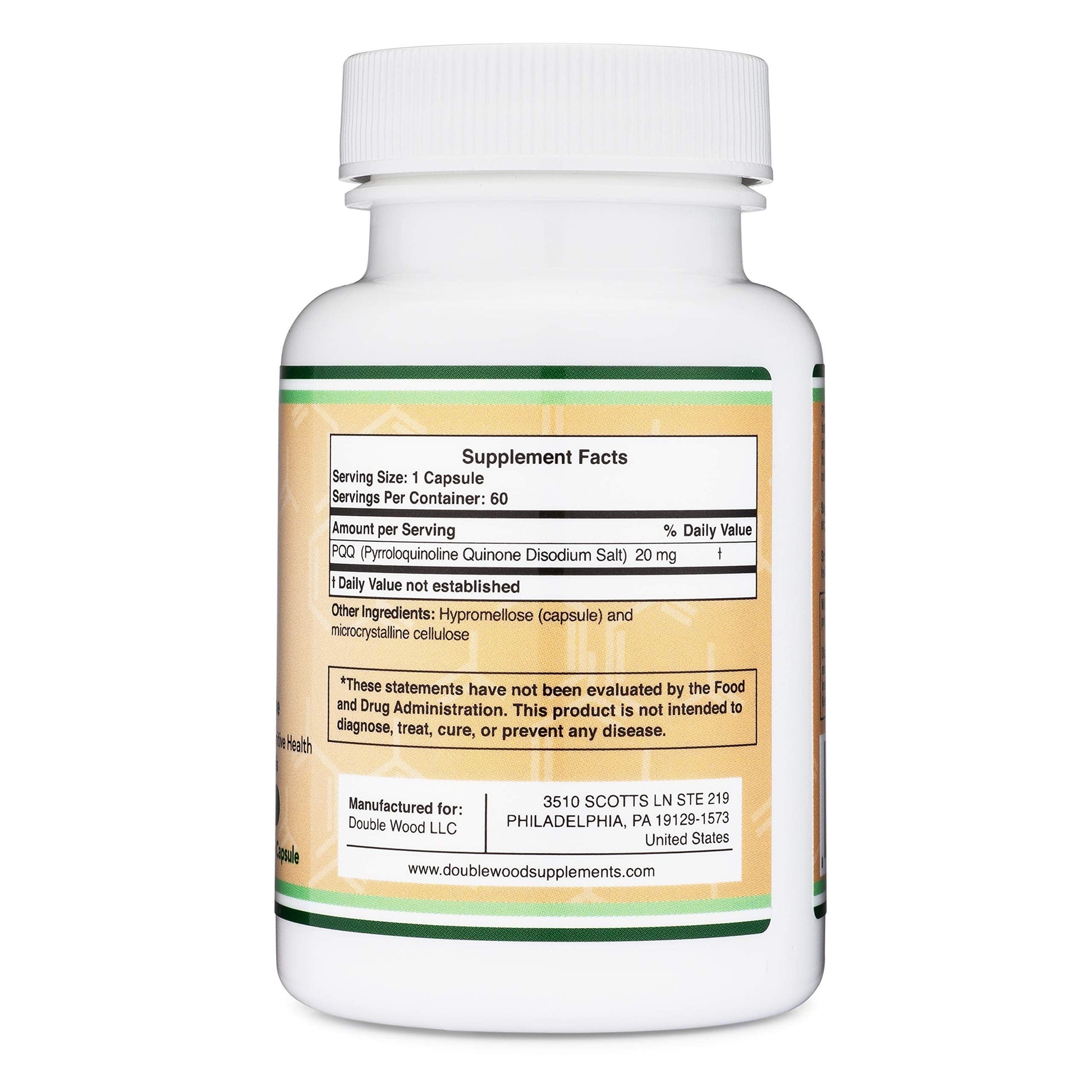PQQ Supplement - 20mg, 60 Capsules (Pyrroloquinoline Quinone) Promotes Mitochondria ATP Coenzyme Levels, Energy Optimizer and Sleep Support (Non-GMO, Gluten Free, Vegan Safe) by Double Wood - Medaid International