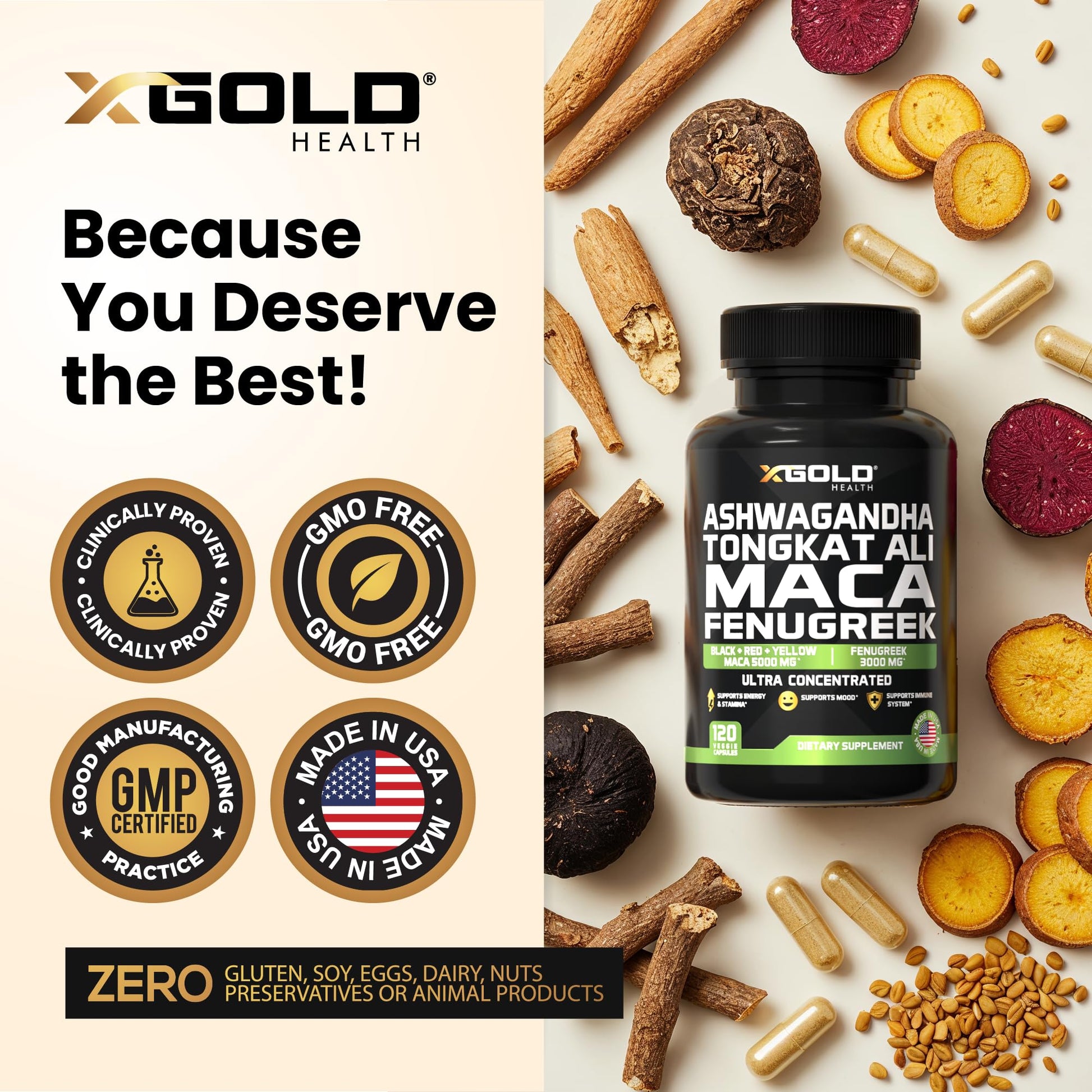 Ashwagandha 5000mg + Tongkat Ali 1000mg + Maca Root 5000mg + Fenugreek 3000mg Supplement | Black + Red + Yellow Maca Root Extract & Fenugreek Herbal Supplements for Men & Women - Made in USA - Medaid International