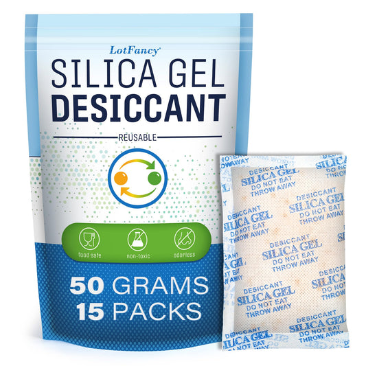 LotFancy Silica Gel Packets, 50 Gram 15 Packs Rechargeable Desiccant Packs for Storage, Moisture Absorber Drying Bags with Orange Indicator, Non-Toxic - Medaid International