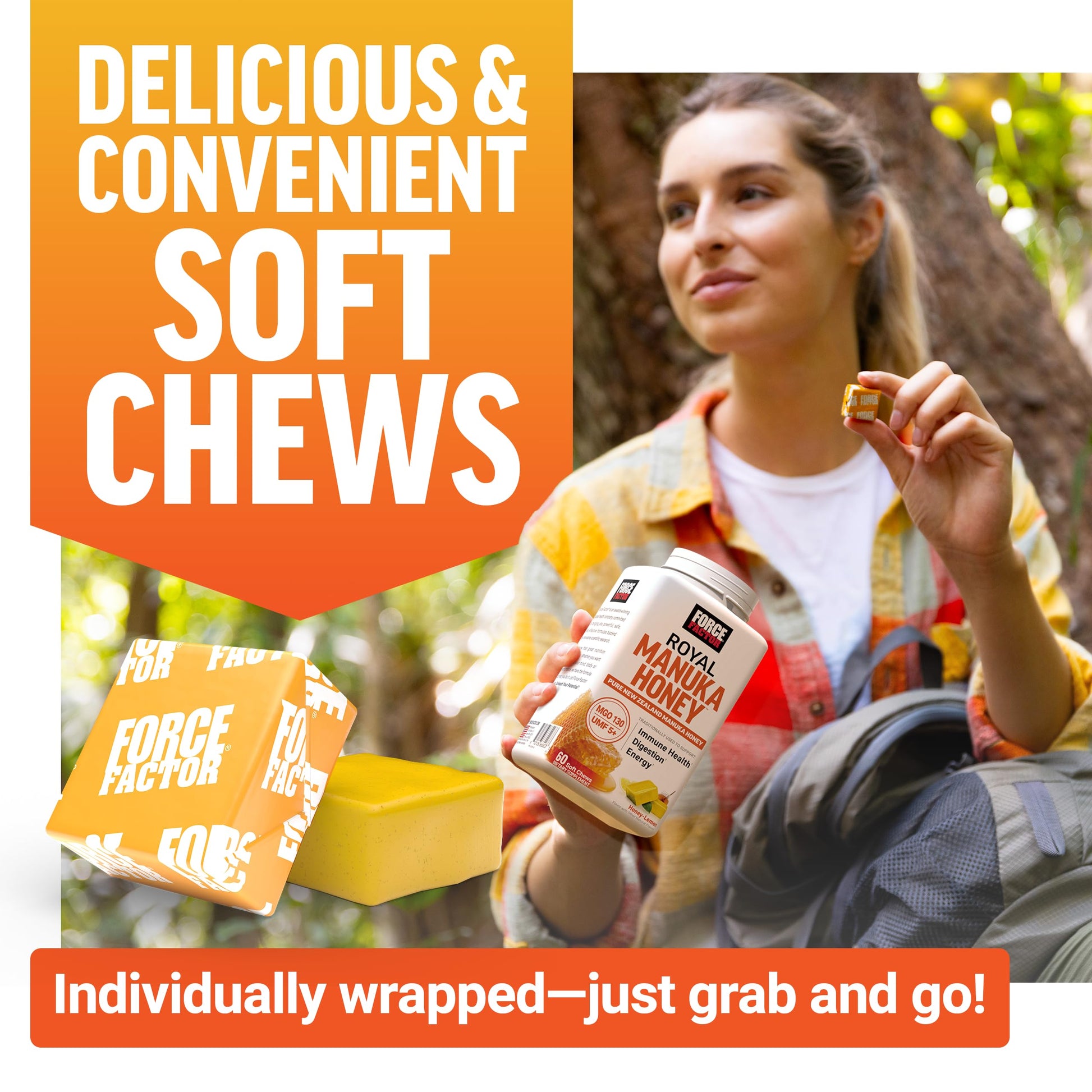 FORCE FACTOR Royal Manuka Honey, Pure New Zealand Manuka, Support Immune Health, Digestion & Energy, MGO 130, UMF 5+, Sustainably Sourced, Honey-Lemon, 60 Soft Chews - Medaid International