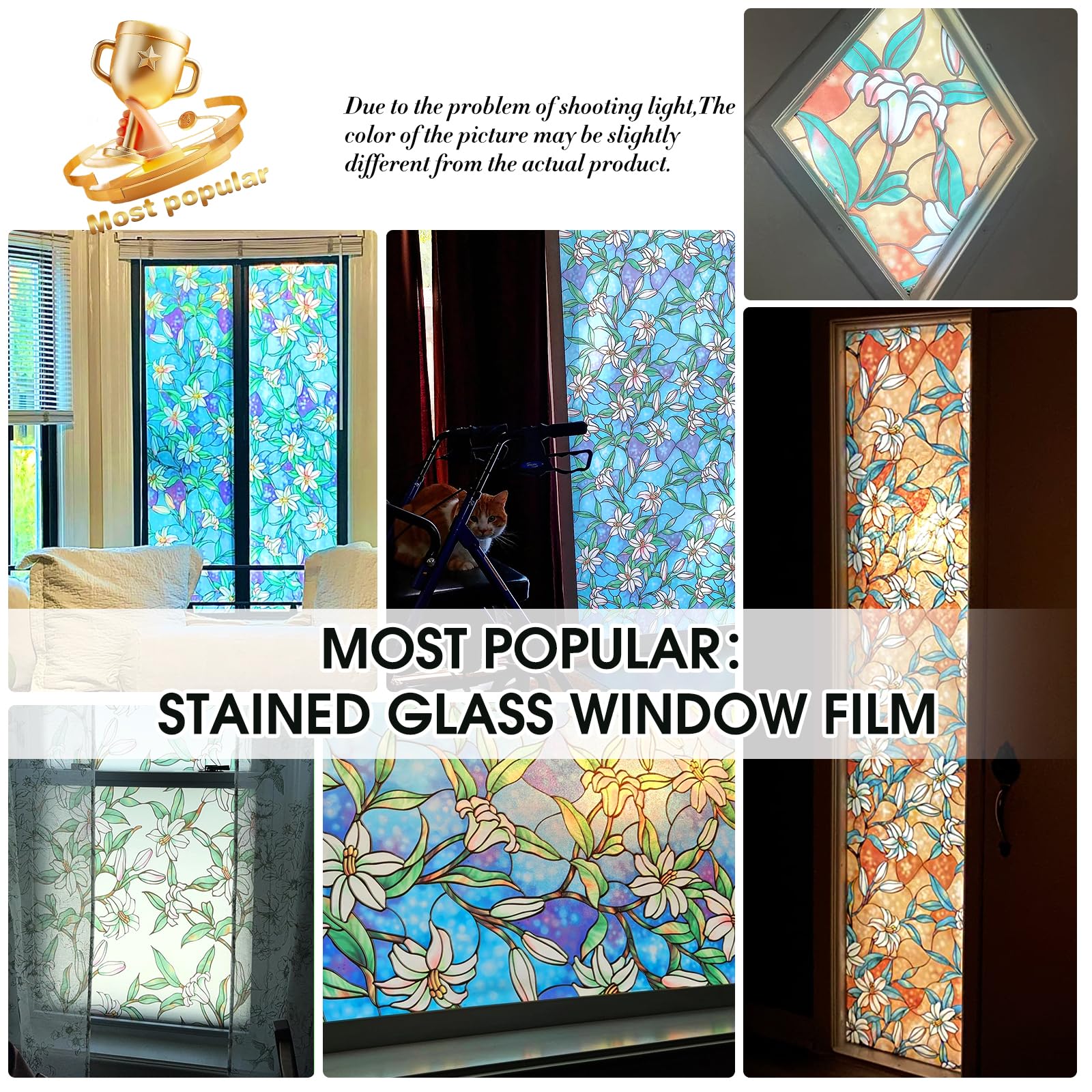 Coavas Decorative Window Privacy Film, Heat Control Sun Blocking Stained Glass Window Film, Floral Design Static Cling, Non Adhesive Windows Tint for Bathroom Front Door(Vinyl, 17.5" x 78.7 ") - Medaid International