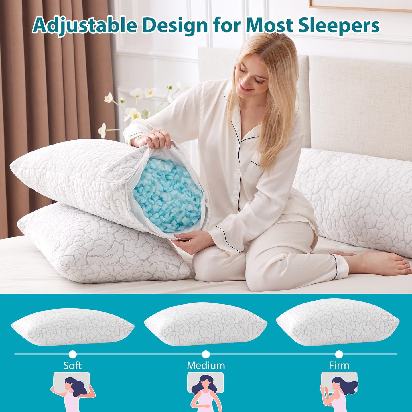WGAKCED Cooling Pillows for Sleeping 2 Pack, Standard Size Adjustable Shredded Memory Foam Pillows, Firm Bed Pillows for Side, Back, Stomach, Hot Sleepers, Cold Pillow for College Dorm Room - Medaid International