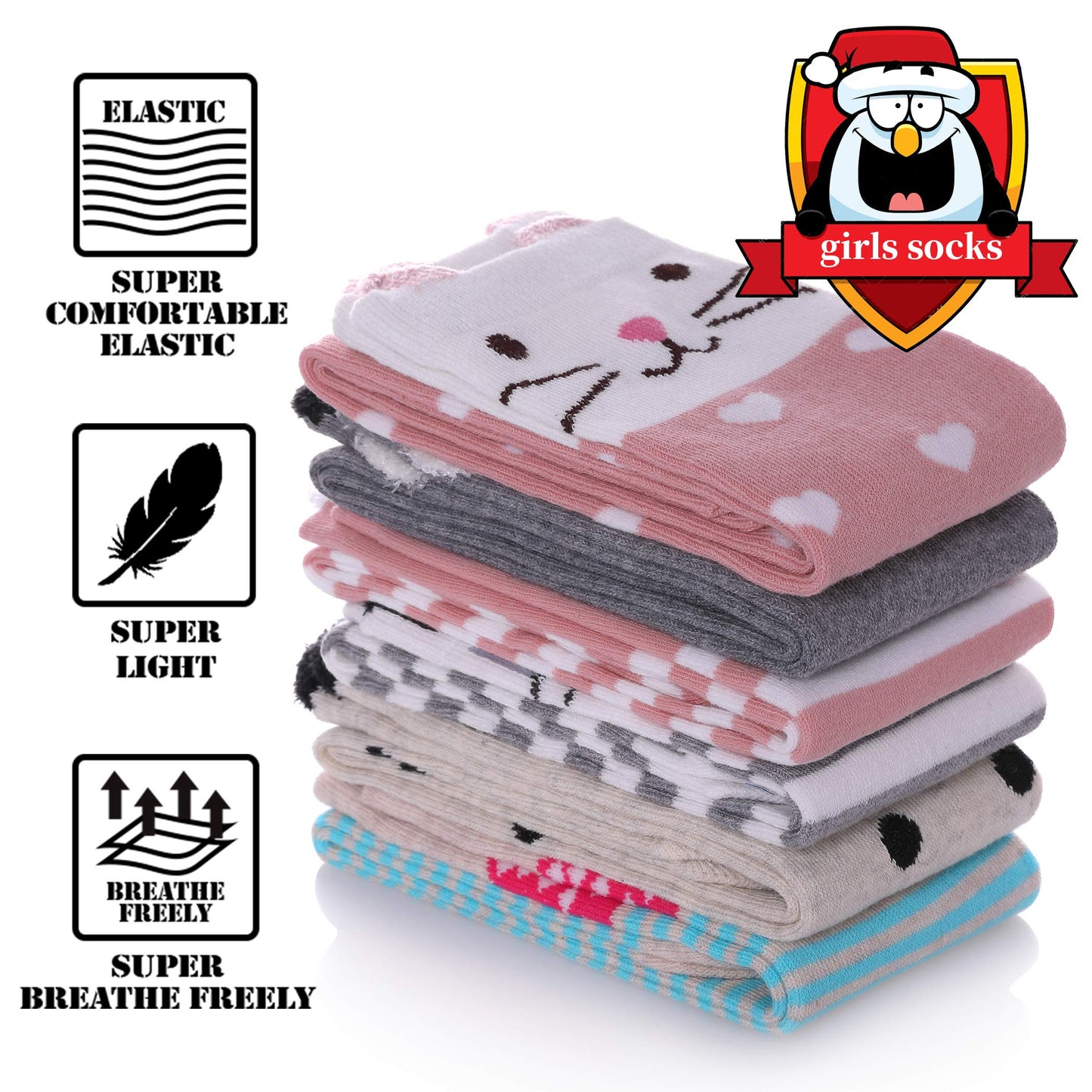 FNOVCO Girls Knee High Socks Kids Crazy Fun Gift Cute Animal Patterns Cotton Long Socks 6 Pairs (6 Pairs Animal) - Medaid International