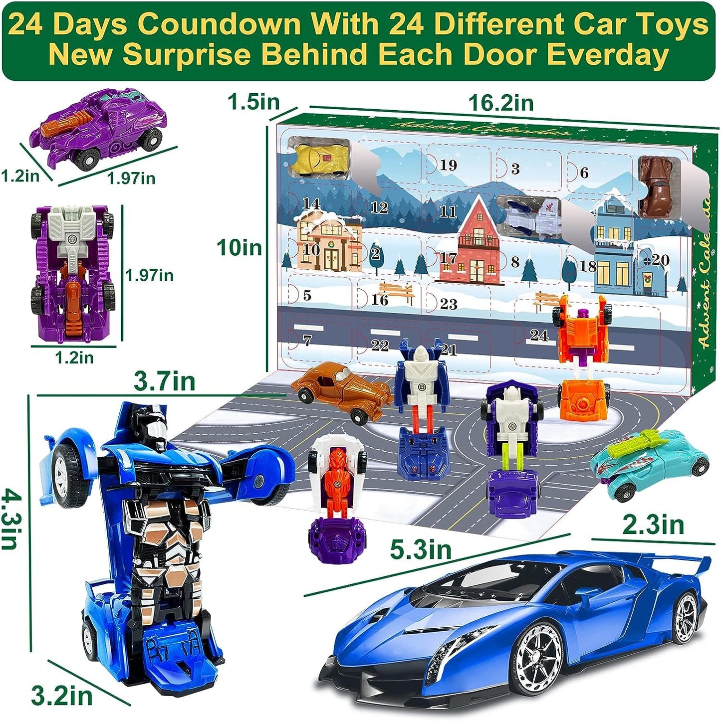 AMENON 24 Pcs Transform Car Robot Toys Christmas Advent Calendar 2025 for Kids Boys, 24 Days Countdown Calendar Large Car Automatic Deformation + 23 Vehicles Xmas Stocking Stuffers Gifts Party Favors - Medaid International