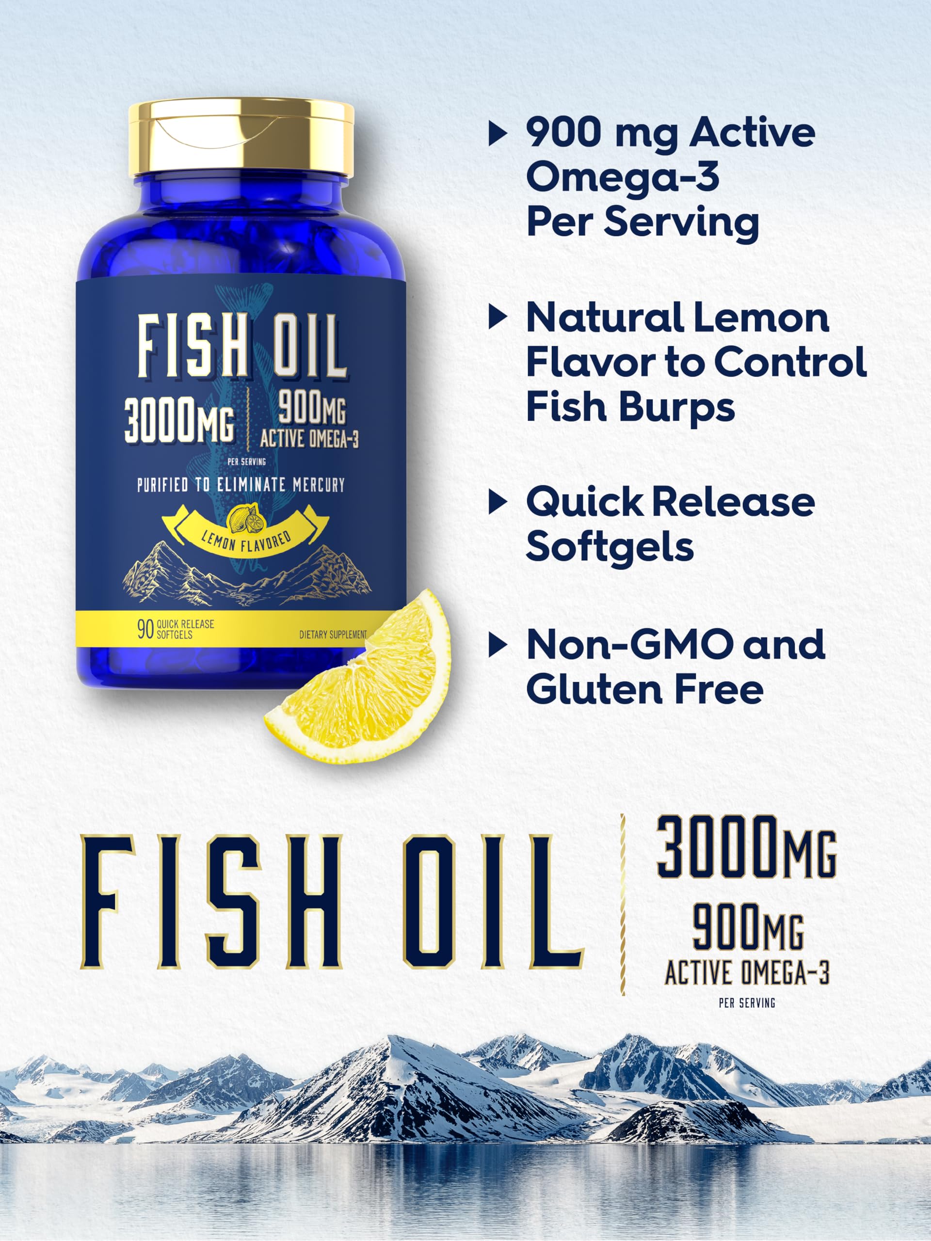 Carlyle Fish Oil 3000mg | 900mg Omega 3 | 90 Softgels | Lemon Flavor | Non-GMO and Gluten Free Supplement - Medaid International