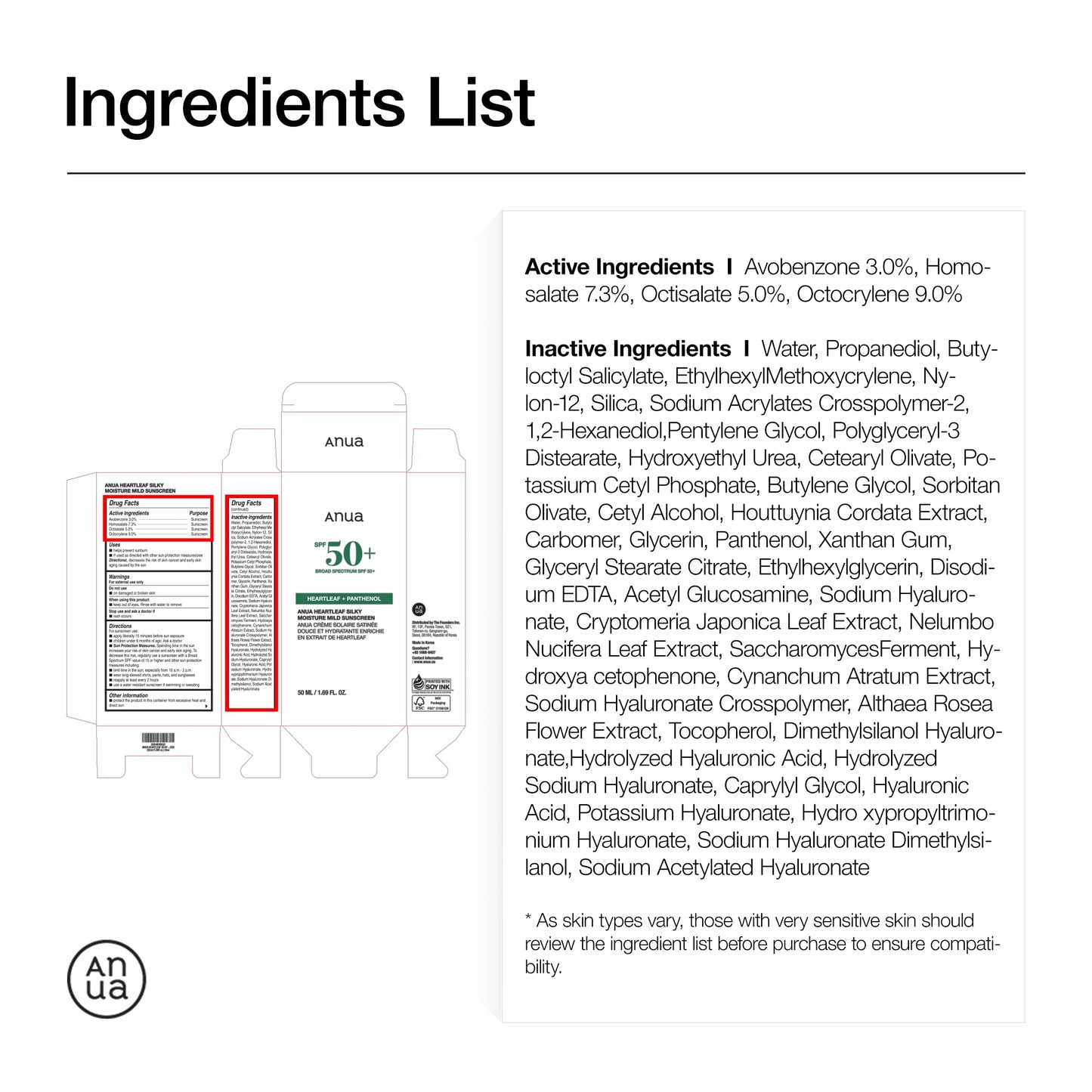 Anua Heartleaf Silky Moisture Mild Sunscreen, Broad Spectrum SPF 50+ with Moisturizing Formula, Lightweight Korean Sunscreen, Natural finish, Vegan, korean skin care 50ml / 1.69 fl. oz. - Medaid International