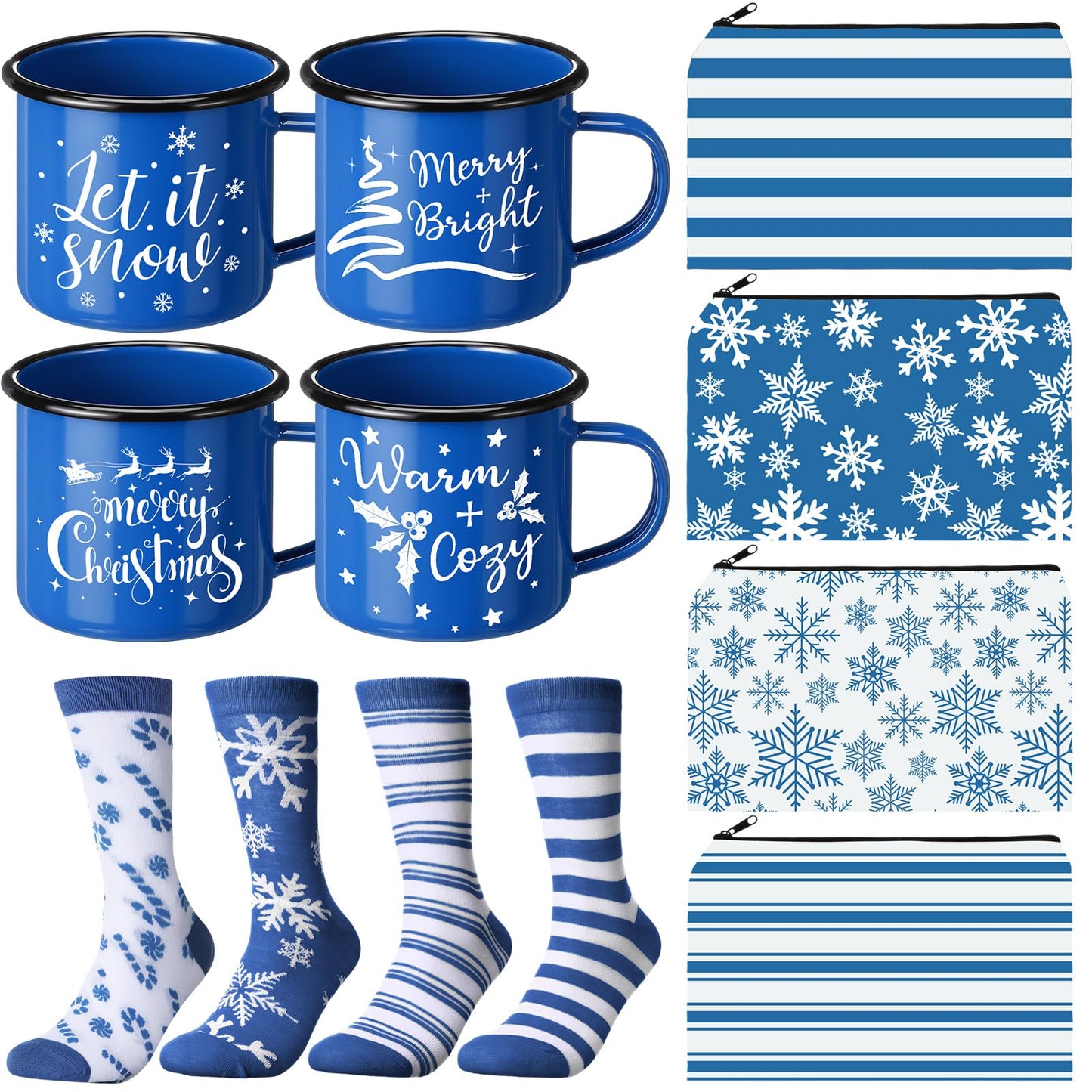 Baderke 4 Set Christmas Gifts Christmas Mugs Enamel Mug 4 Pcs Xmas Makeup Bags Bulk Santa Goodie Bags and 4 Pcs Santa Socks Xmas Socks for Family Women Friend(Blue) - Medaid International