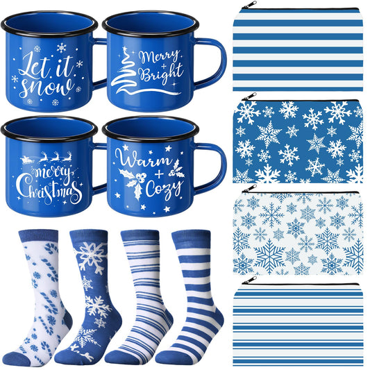 Baderke 4 Set Christmas Gifts Christmas Mugs Enamel Mug 4 Pcs Xmas Makeup Bags Bulk Santa Goodie Bags and 4 Pcs Santa Socks Xmas Socks for Family Women Friend(Blue) - Medaid International