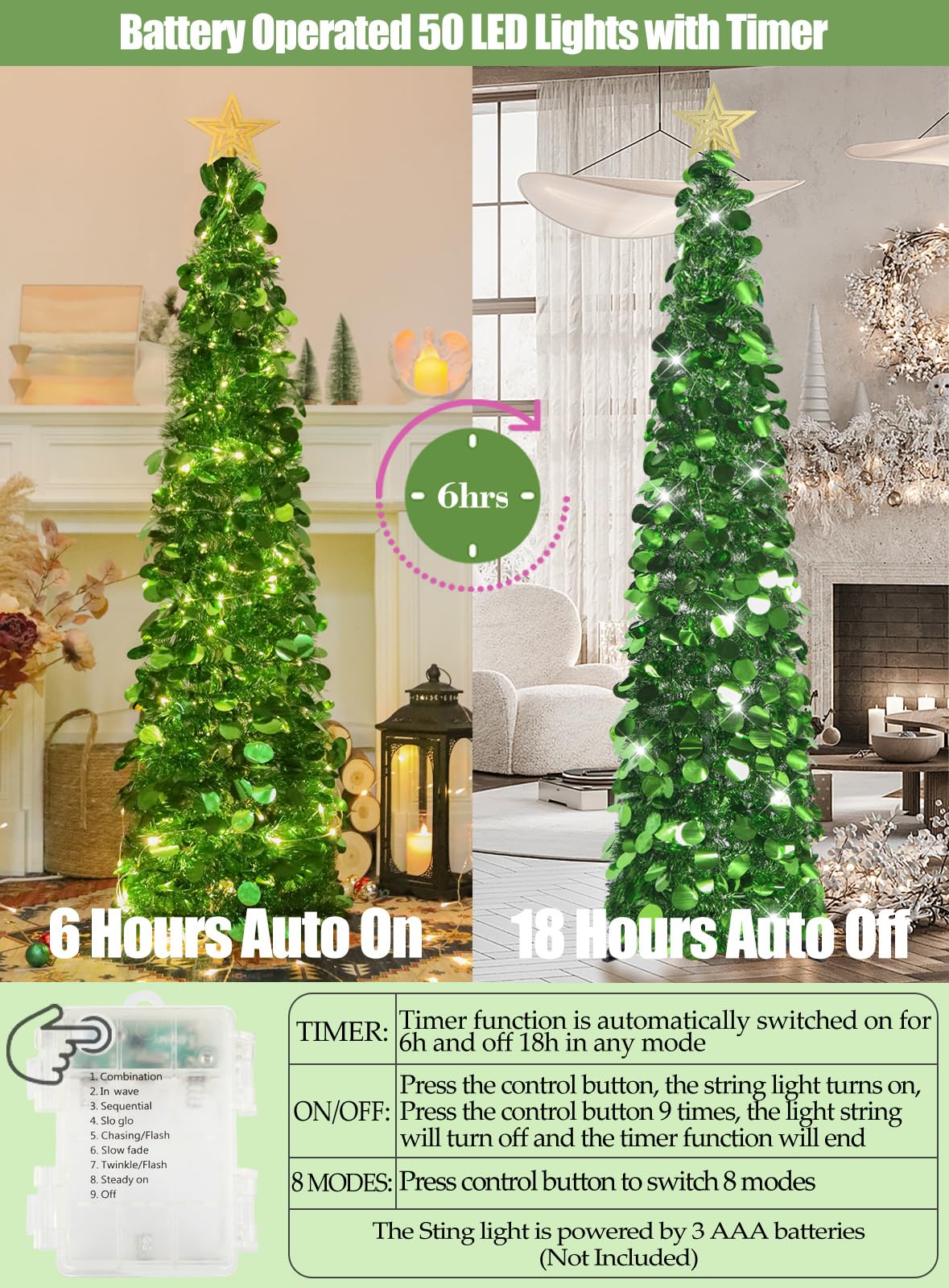 HMASYO 5 FT Pop Up Christmas Tree with Timer Lights, Green Christmas Tinsel Tree, Collapsible Artificial Pencil Christmas Tree for Indoor Home Apartment Porch Holiday Party Decorations - Medaid International
