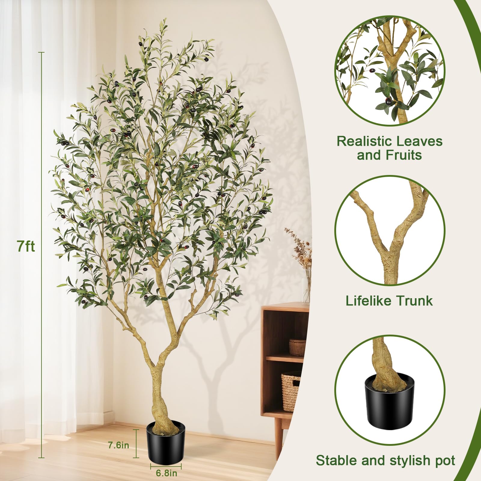 PHYTREE Faux Olive Tree 7FT, Olive Trees Artificial Indoor, Large Fake Tree with Realistic Leaves Branches and Lifelike Fruits for Home Office Living Room Decor - Medaid International