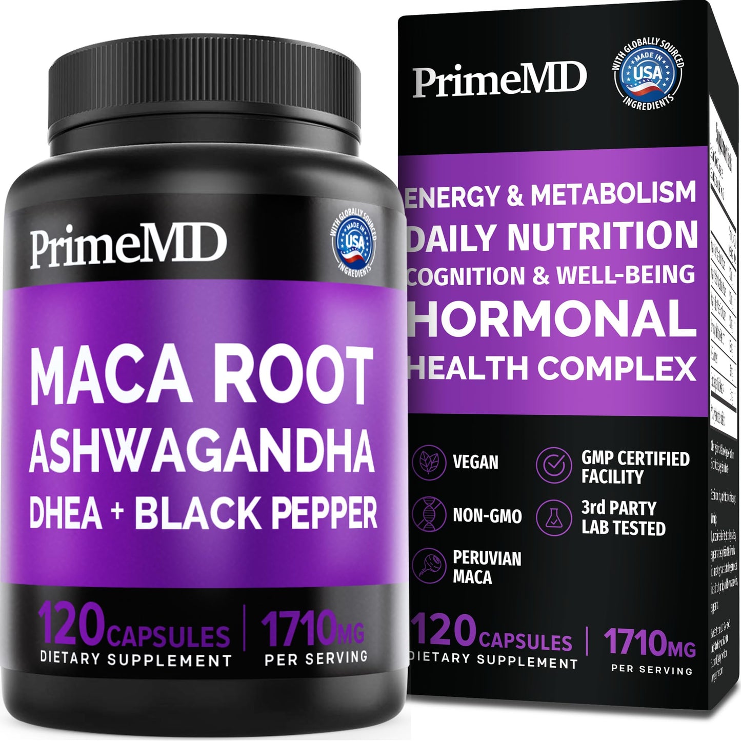 6-in-1 Organic Maca Root Ashwagandha Capsules 1710mg with DHEA and Black Pepper Fruit Extract for Women and Men - Black Maca Supplement for Stamina, Bone and Mood Support Supplement, 120 count - Medaid International