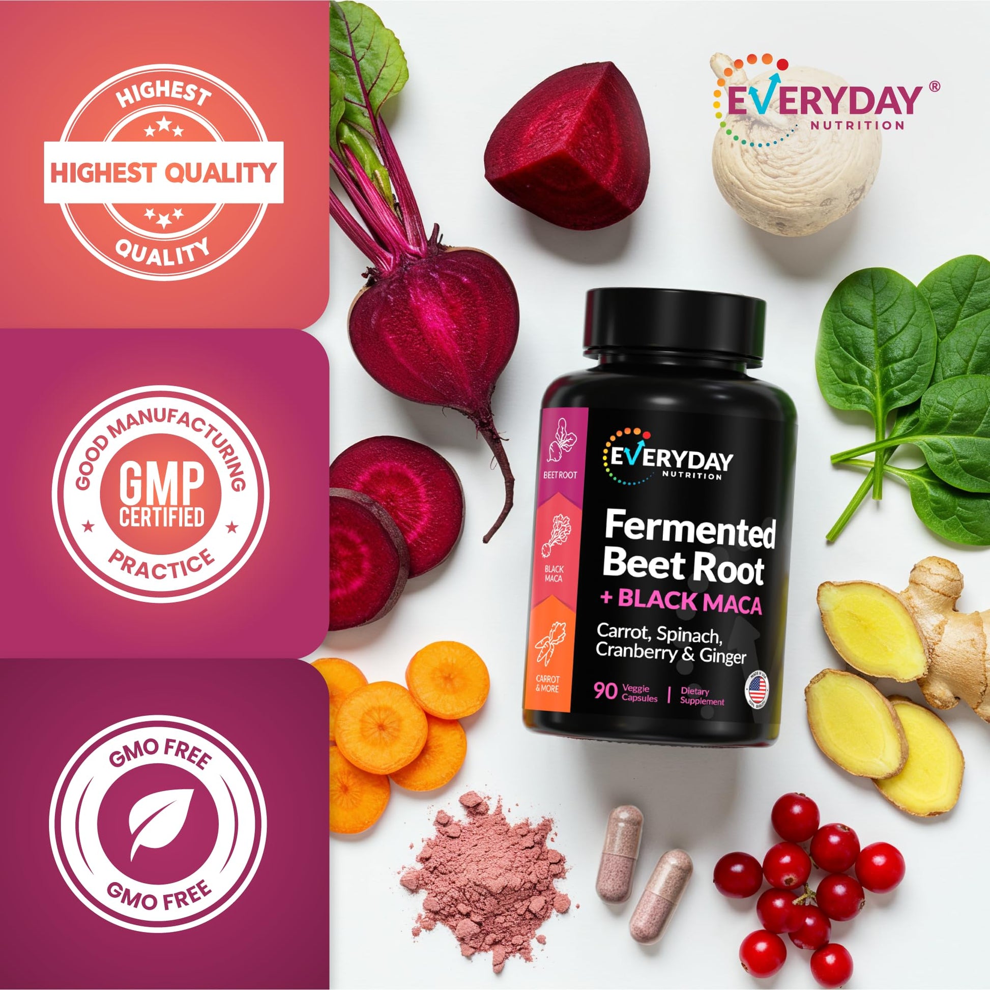 EVERYDAY NUTRITION Organic Fermented Beet Root, Black Maca, Carrot, Spinach, Cranberry, Ginger |Enhanced Overall Health for Women & Men | Made in USA | 90 Veggie Capsules - Medaid International