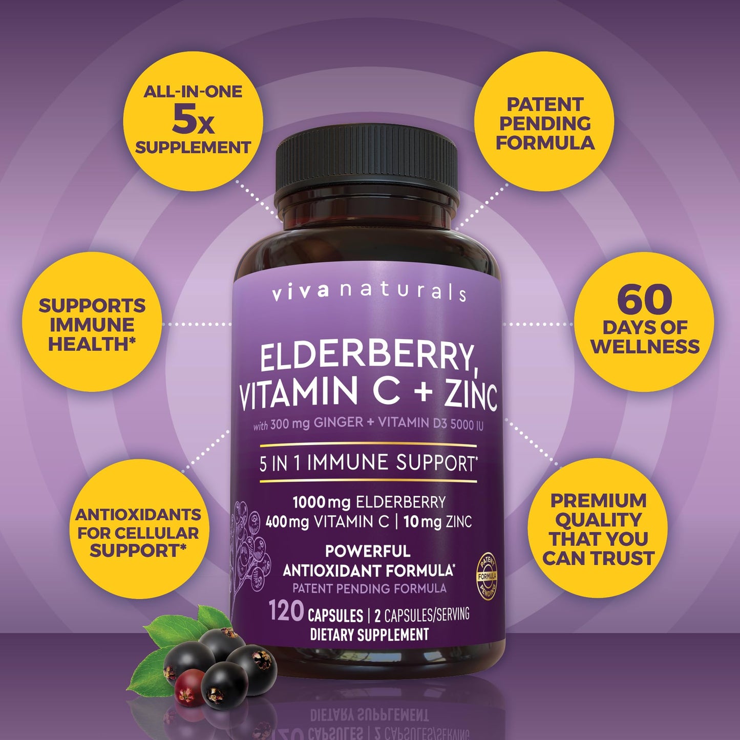 Viva Naturals Elderberry with Vitamin C and Zinc for Adults - 5 in 1 Sambucus Black Elderberry Capsules with Vitamin D3 5000 IU Immunity Supplement, Sambucus Elderberry Immune Support Supplement - Medaid International