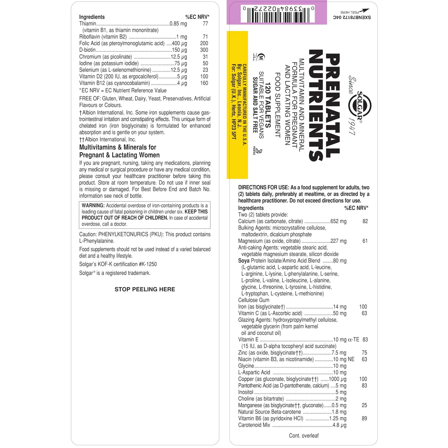 Solgar Prenatal Nutrients - 120 Tablets - Multivitamin & Mineral Formula for Pregnant & Lactating Women - Vegan, Kosher & Gluten Free - 30 Servings - Medaid International