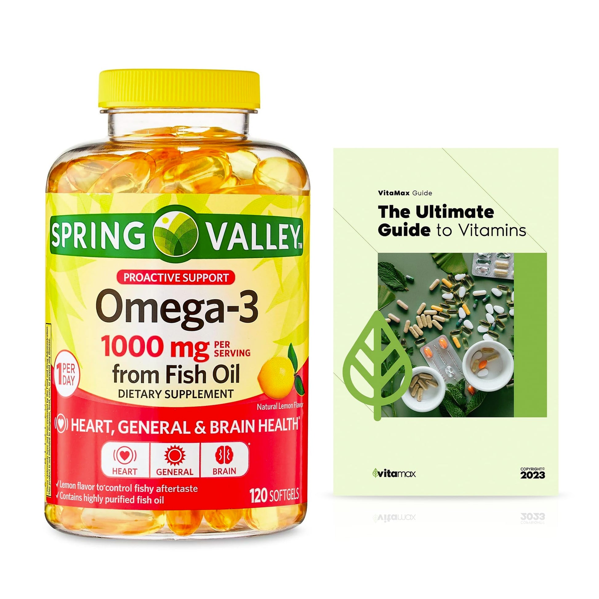 Spring Valley Omega-3 from Fish Oil 1000 mg, Maximum Care, 120 Count + Exclusive VitaMax Vitamin Guide (2 Items) - Medaid International