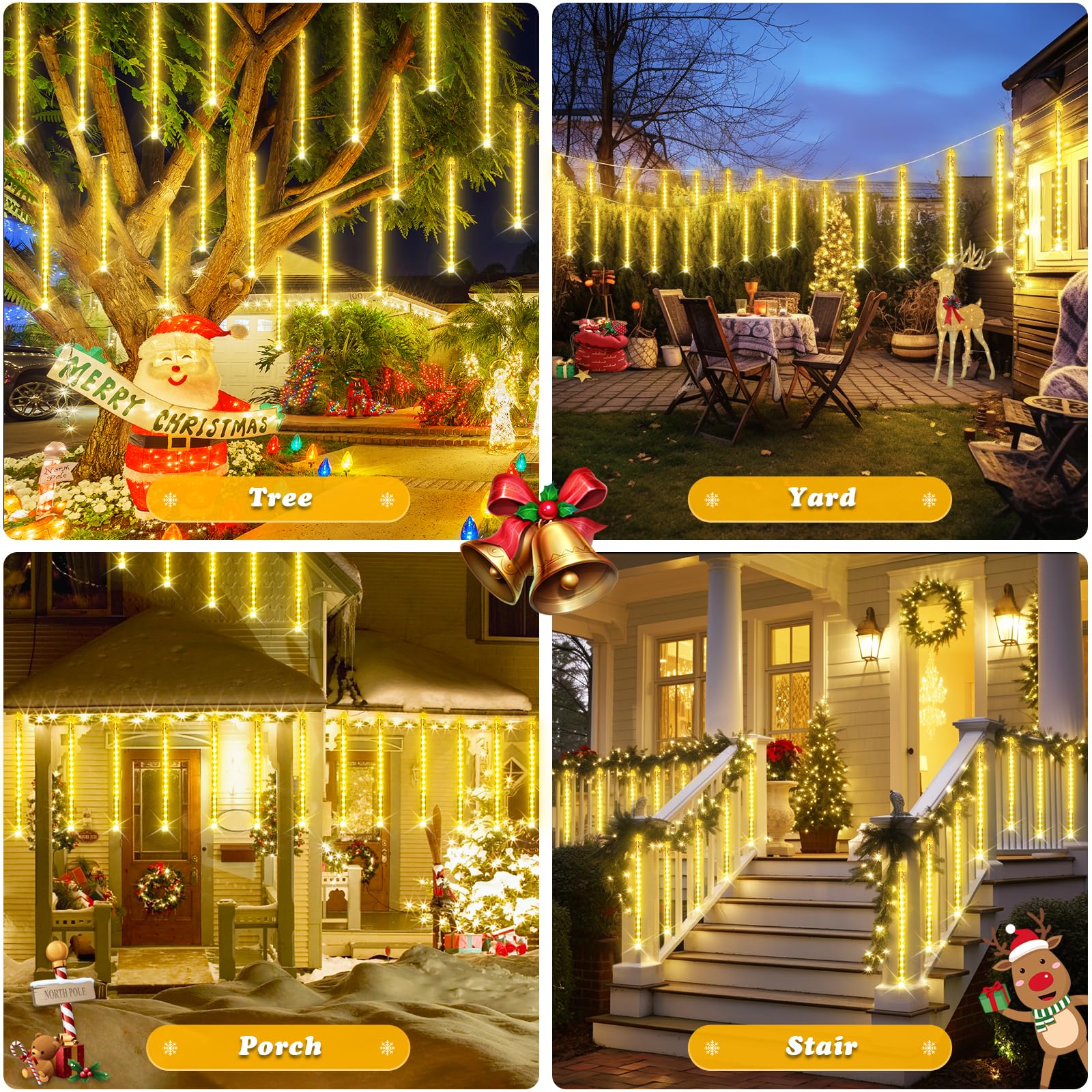 JMEXSUSS Solar Meteor Shower Lights Outdoor, 8 Tube 144 LEDs Warm White Solar Christmas Lights for Tree Eave Xmas Holiday Party Patio House Wedding Decor - Medaid International