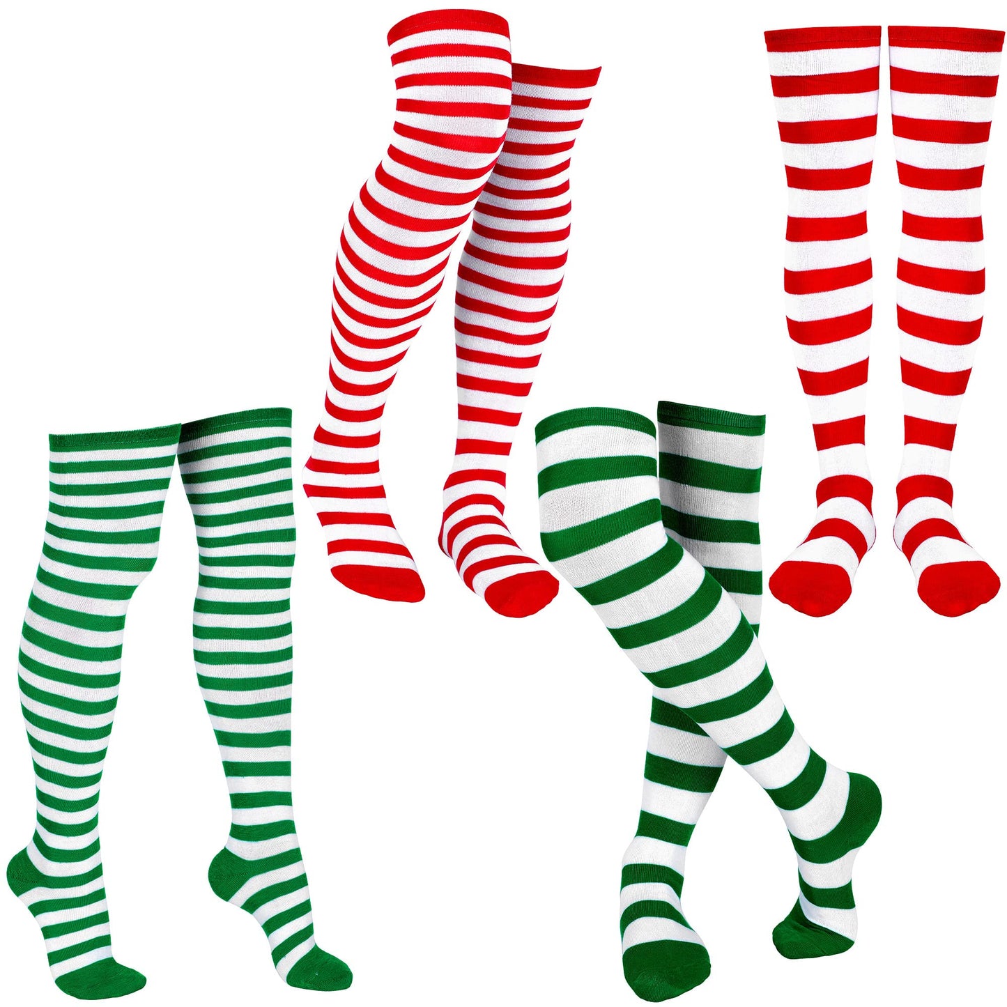 SATINIOR 4 Pairs Christmas Striped Knee Socks Women Over Knee Tight High Stocking Long Socks for Women(Red, Green) - Medaid International
