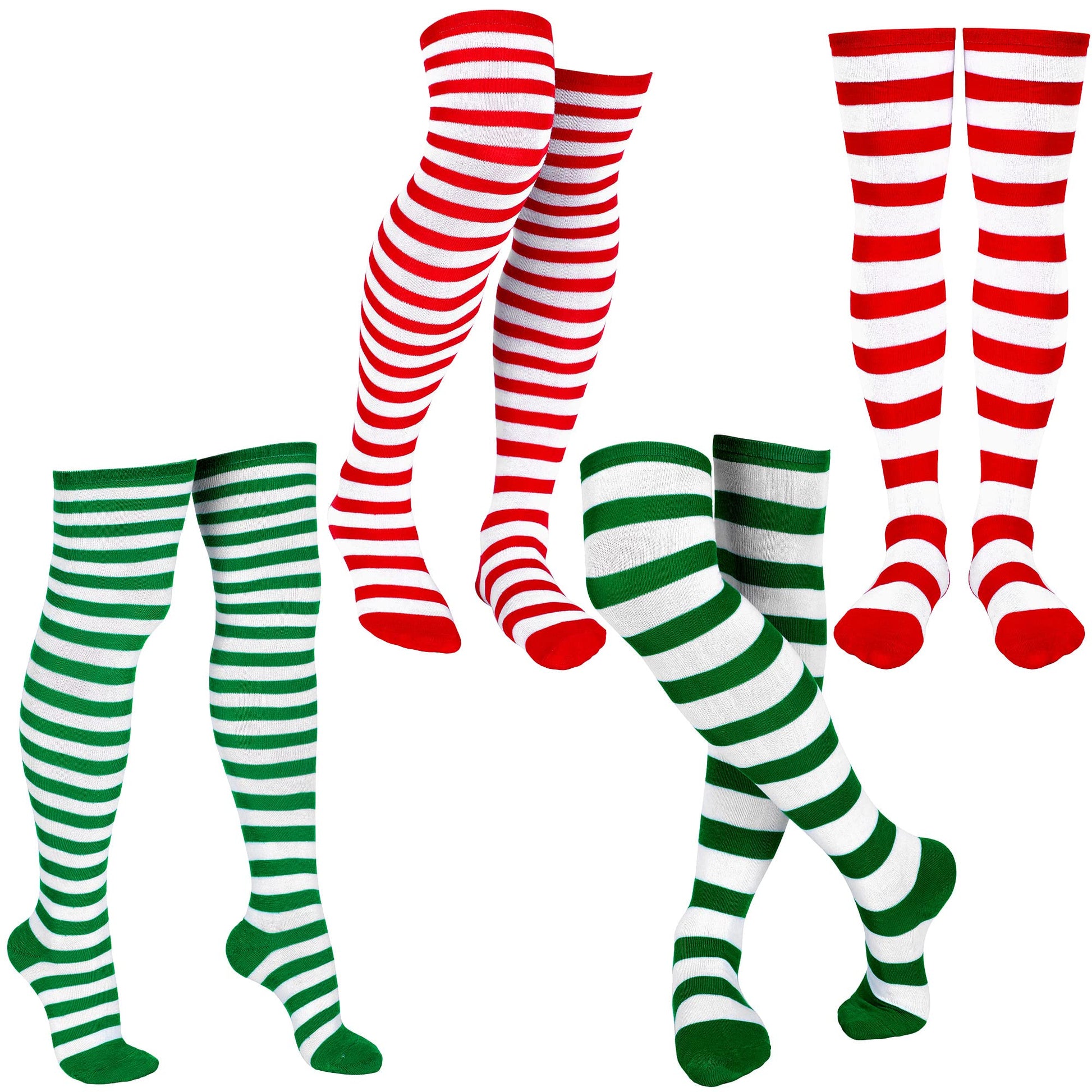 SATINIOR 4 Pairs Christmas Striped Knee Socks Women Over Knee Tight High Stocking Long Socks for Women(Red, Green) - Medaid International
