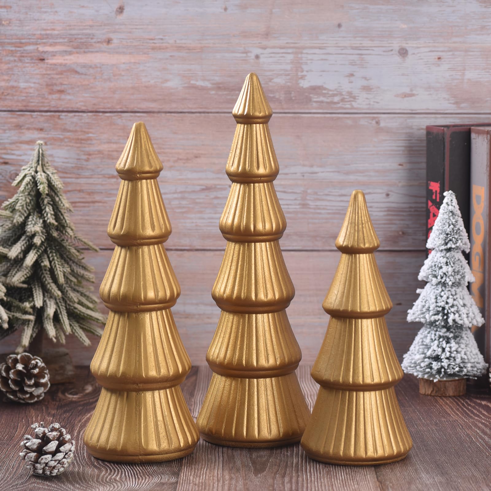 Wooden Christmas Tree, Set of 3 Tabletop Tree Figurine Wood Desk Centerpieces Table Tree Decoration Festive Ornament for Accents Xmas Mantel Shelf Home Decor Holiday Party Indoor Outdoor (Gold) - Medaid International