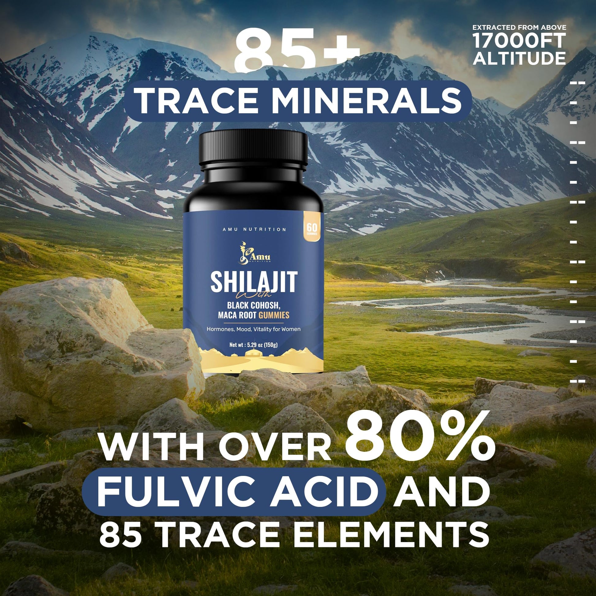 AMU NUTRITION Shilajit Gummies for Men & Women with Maca Root & Black Cohosh (60 Count (Pack of 1), Maca Root & Black Cohosh) - Medaid International