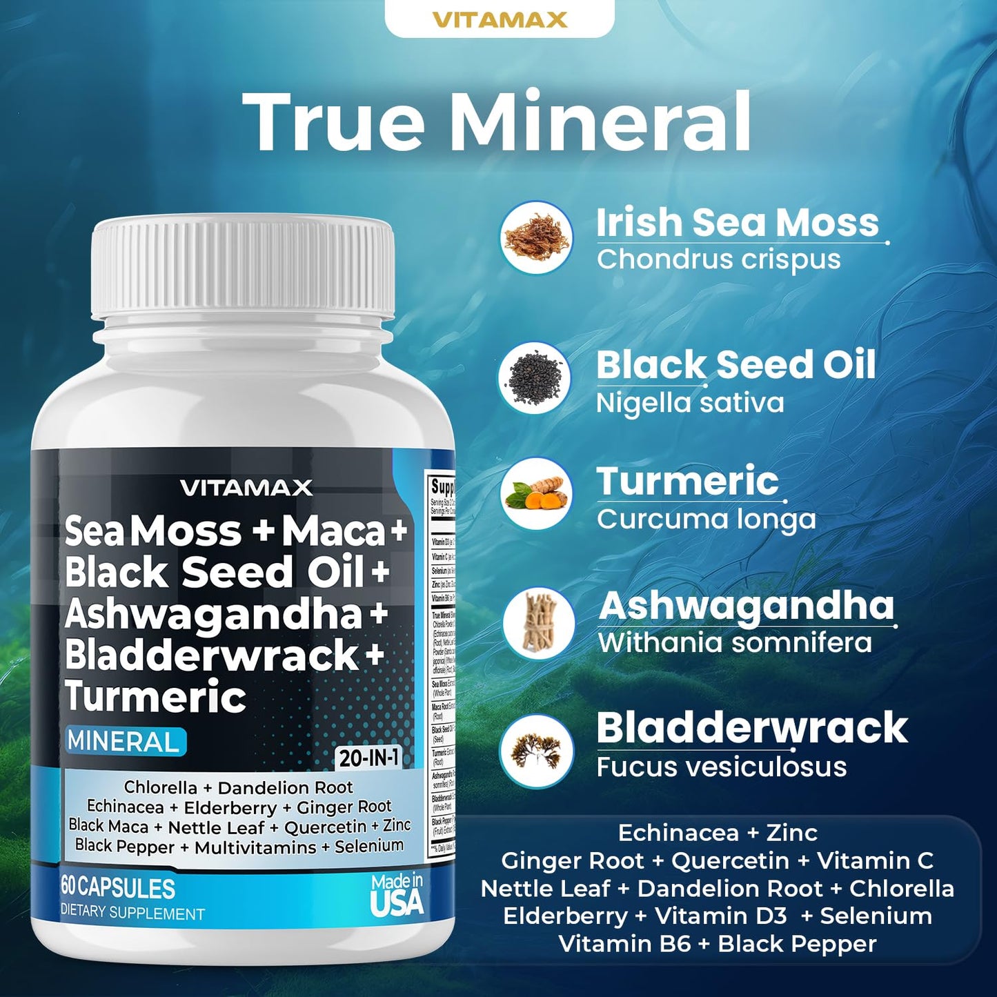 Sea Moss, Maca, Black Seed Oil, Ashwagandha, Bladderwrack, Turmeric - Elderberry, Vitamins C & D3, Dandelion & Black Pepper - Made in USA- 120ct - Medaid International