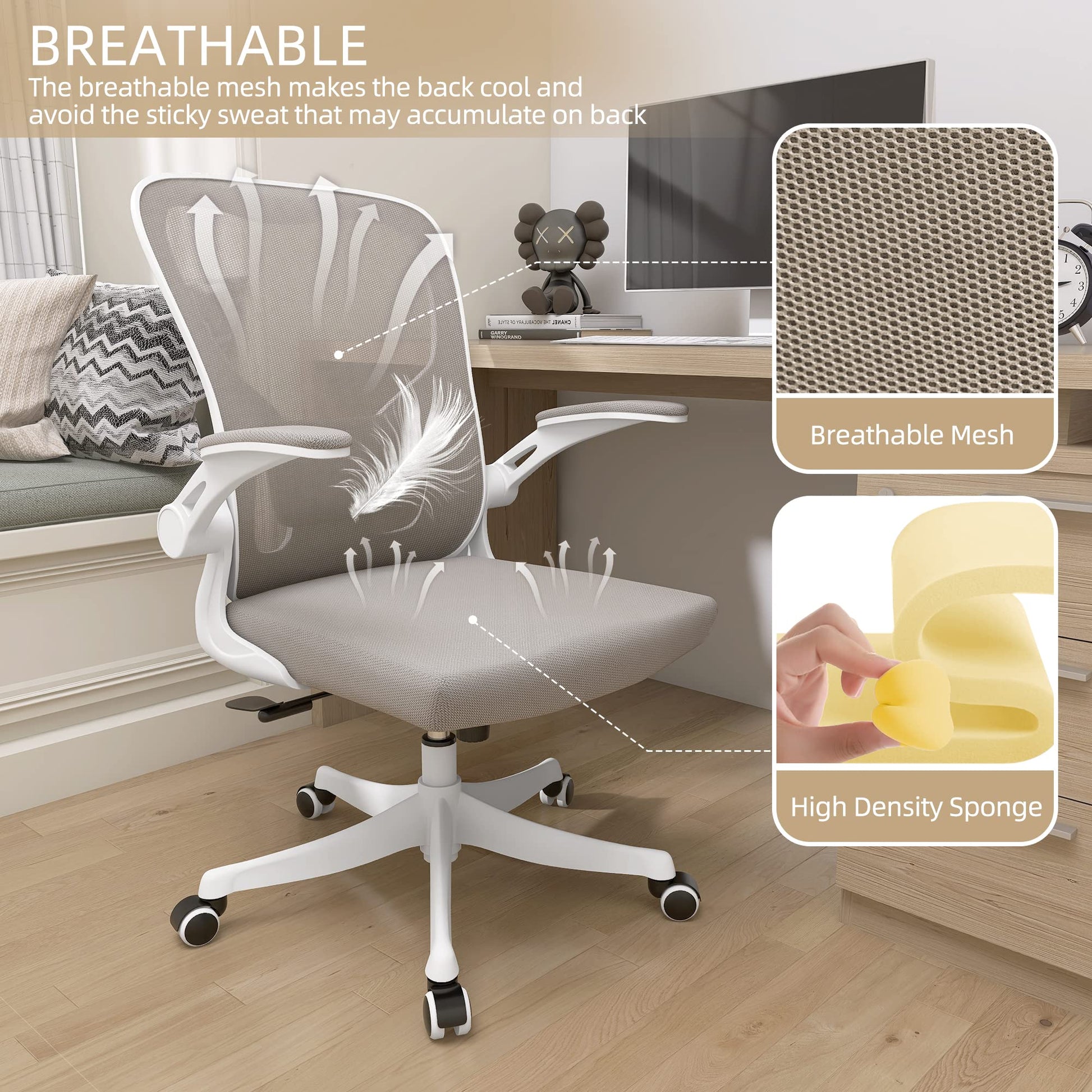 Monhey Office Chair Ergonomic Desk Chair with Lumbar Support&Headrest&Flip-up Arms Height Adjustable Rocking Swivel High Back Computer Chair Warm Taupe Mesh Study Chair (01Khaki) - Medaid International