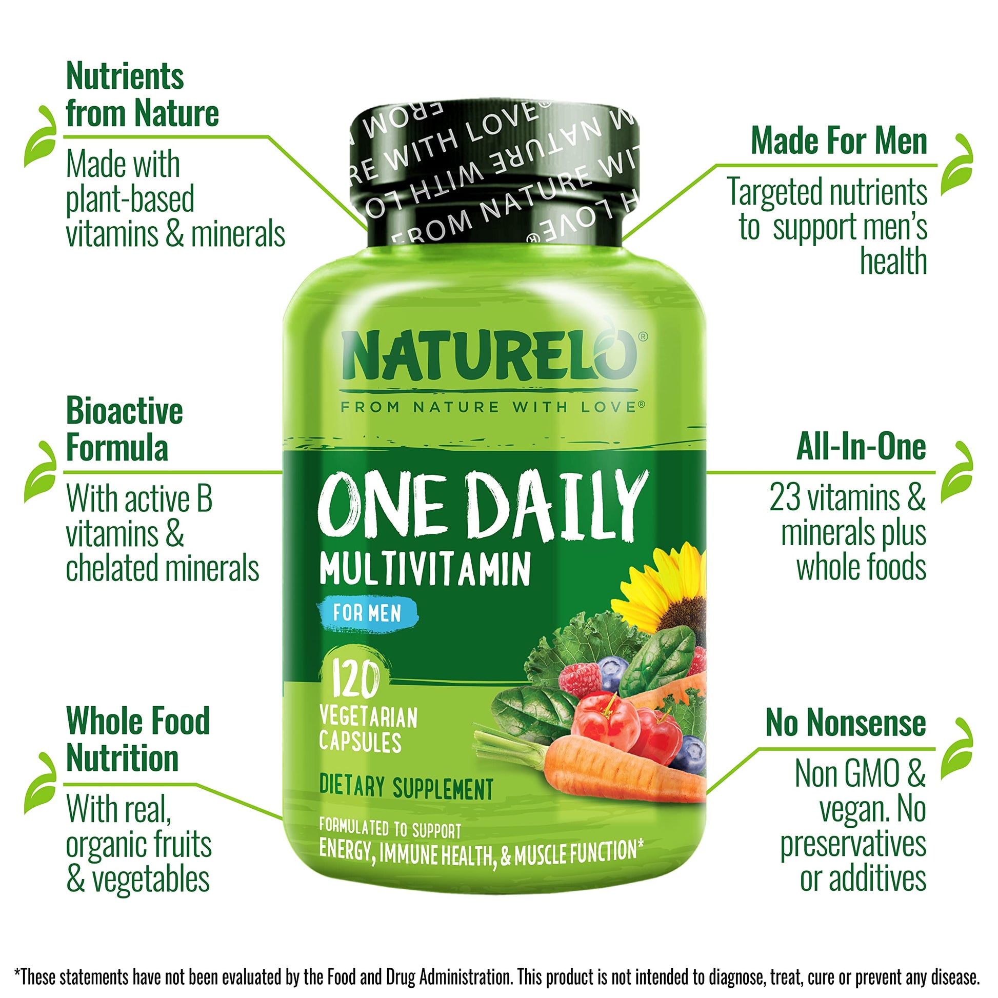 NATURELO Mens Multivitamins - One Daily Multivitamin for Men with Vitamins, Minerals & Organic Whole Foods, Boost Energy & Health, Non-GMO, 120 Vegetarian Capsules - Medaid International