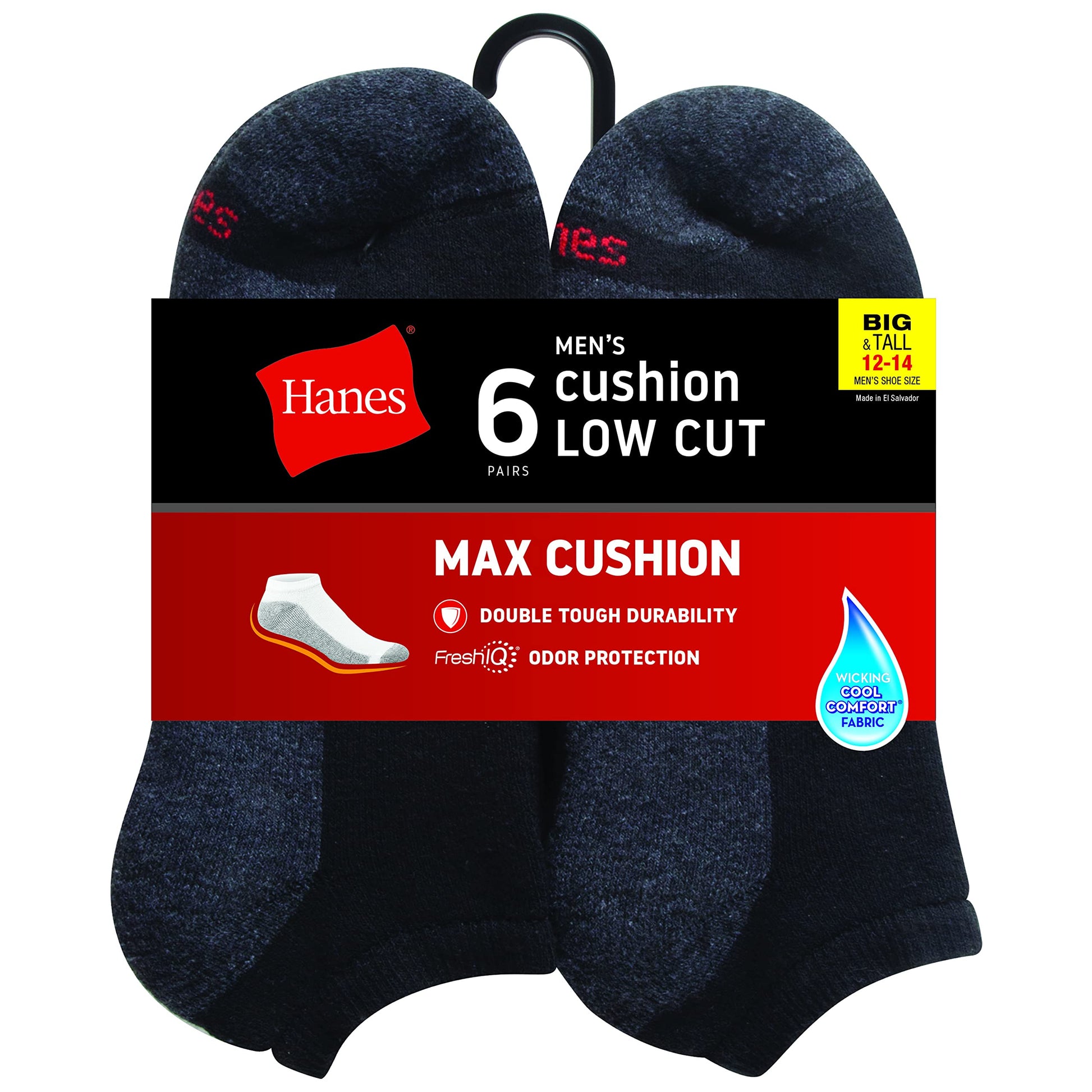 Hanes mens Socks, 6-pair Pack Max Cushion Low Cut, Black/Grey Foot Bottom, 6 12 US - Medaid International