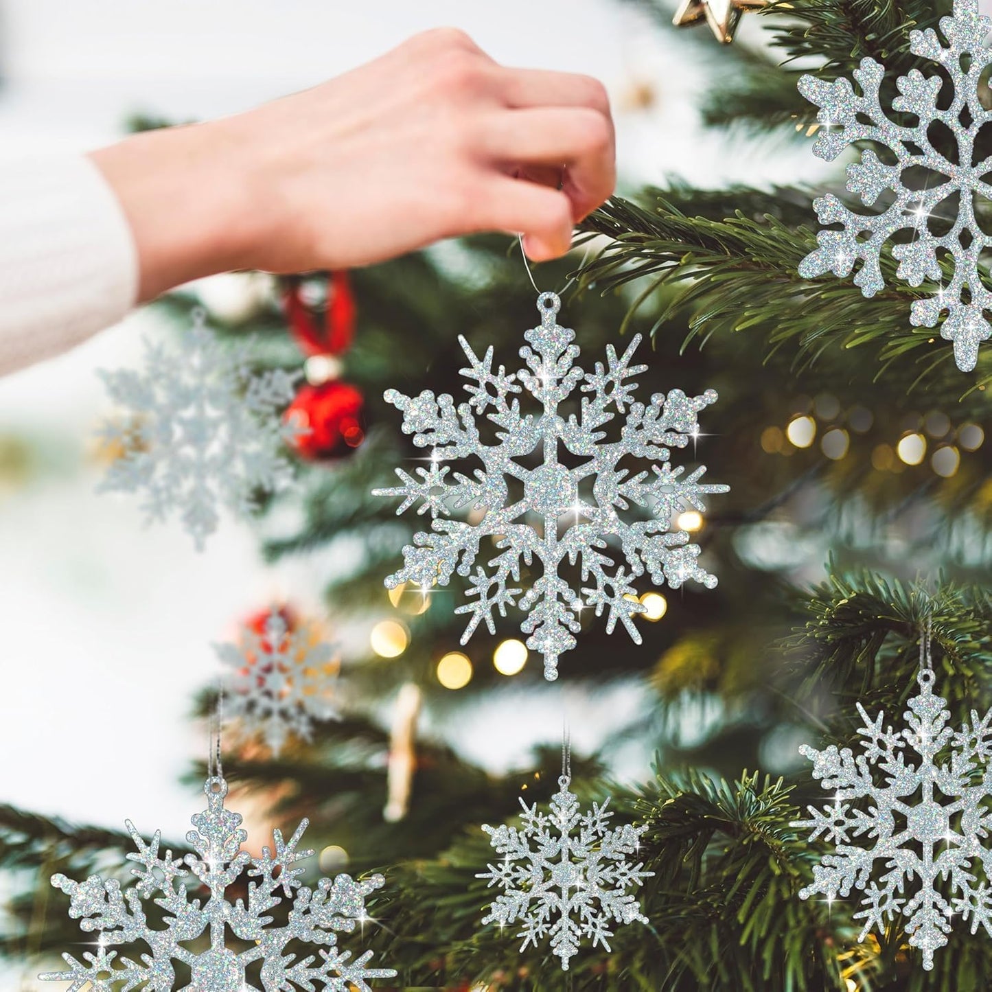 18Pcs Iridescent Silver Christmas Snowflake Hanging Ornaments, Plastic Sparkling Glitter Hanging Snow Flakes for Christmas Tree Decorations Winter Wonderland Frozen Birthday Party Holiday Home Decor - Medaid International