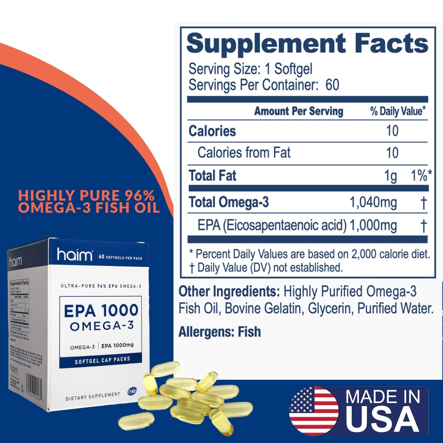 HAIM EPA1000 – High-Potency EPA Fish Oil Supplement – 1,100mg Omega-3 for Heart, Brain & Joint Health – Pharmaceutical-Grade Softgels – Pure, Burpless Capsules – 60 Softgels – Made in USA - Medaid International