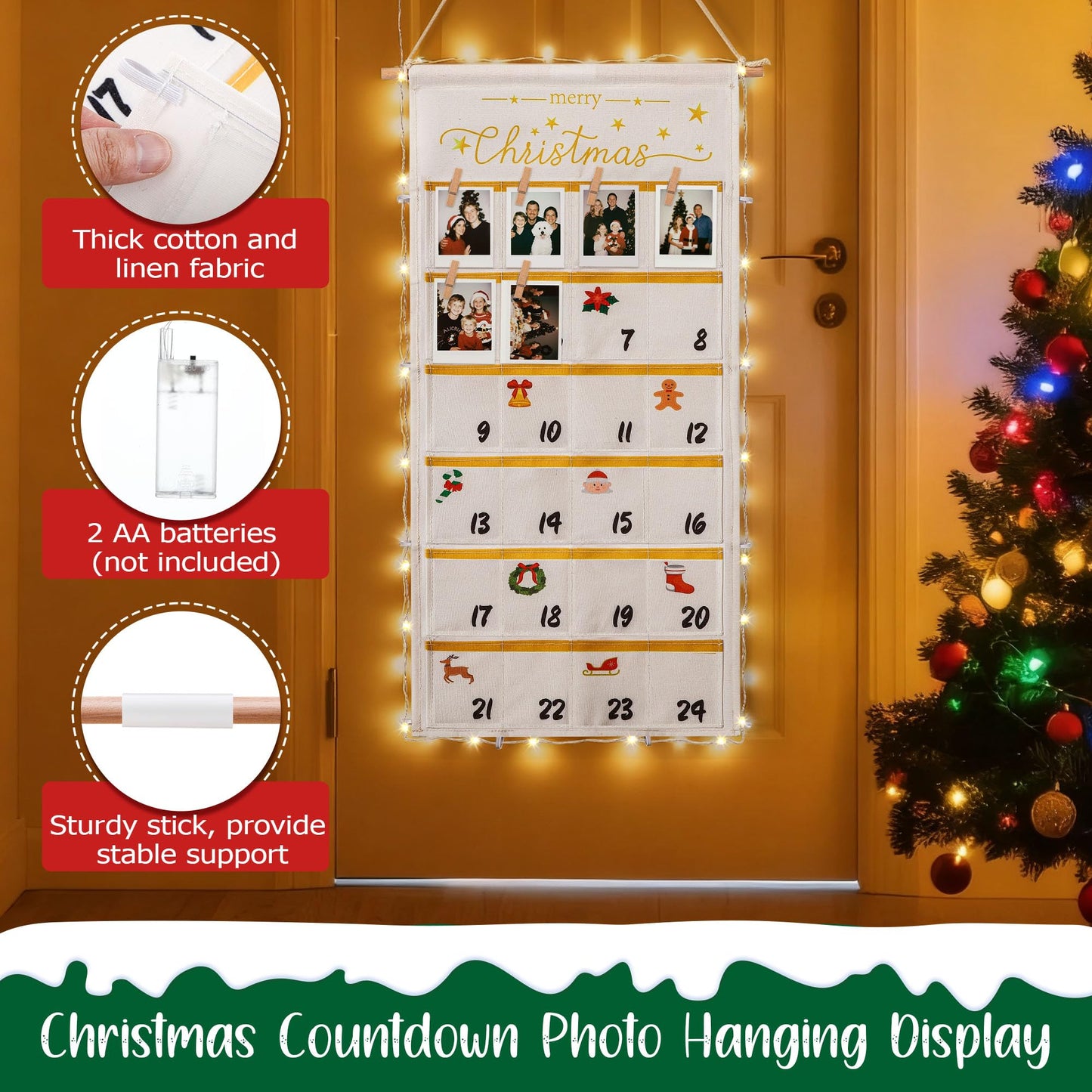 ElectricWise Christmas Picture Countdown Board, Photo Advent Calendar with Wood Clips, Photo Display Collage Board with Pockets, Reusable Festival Memory Countdown (32.3 In) - Medaid International