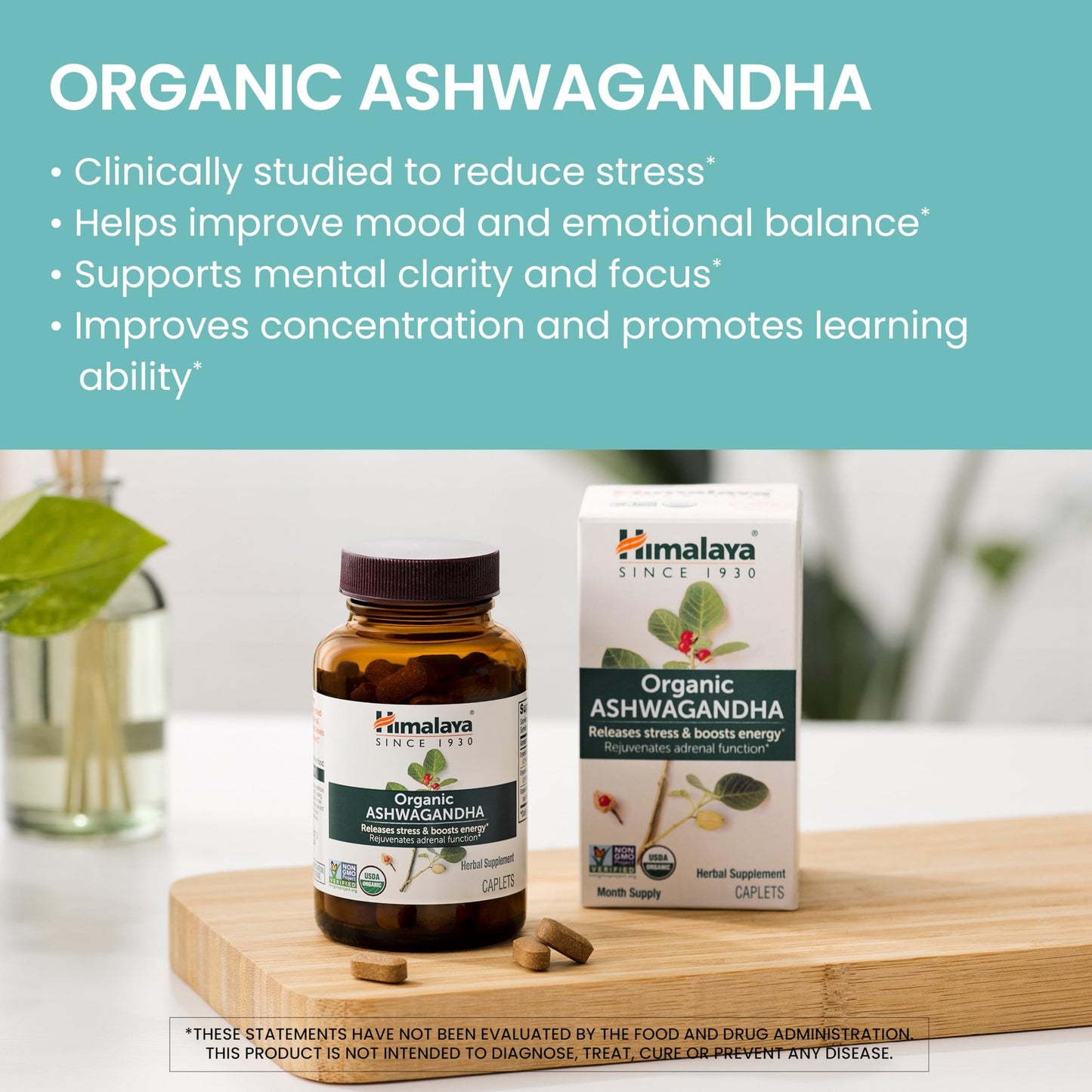 Himalaya Organic Ashwagandha Root, 60 Day Supply - Herbal Adrenal Support Supplements for Stress Relief and Energy Support - USDA Organic, Non-GMO, Vegan, Gluten Free, No Additives, 670 mg, 60 Caplets - Medaid International