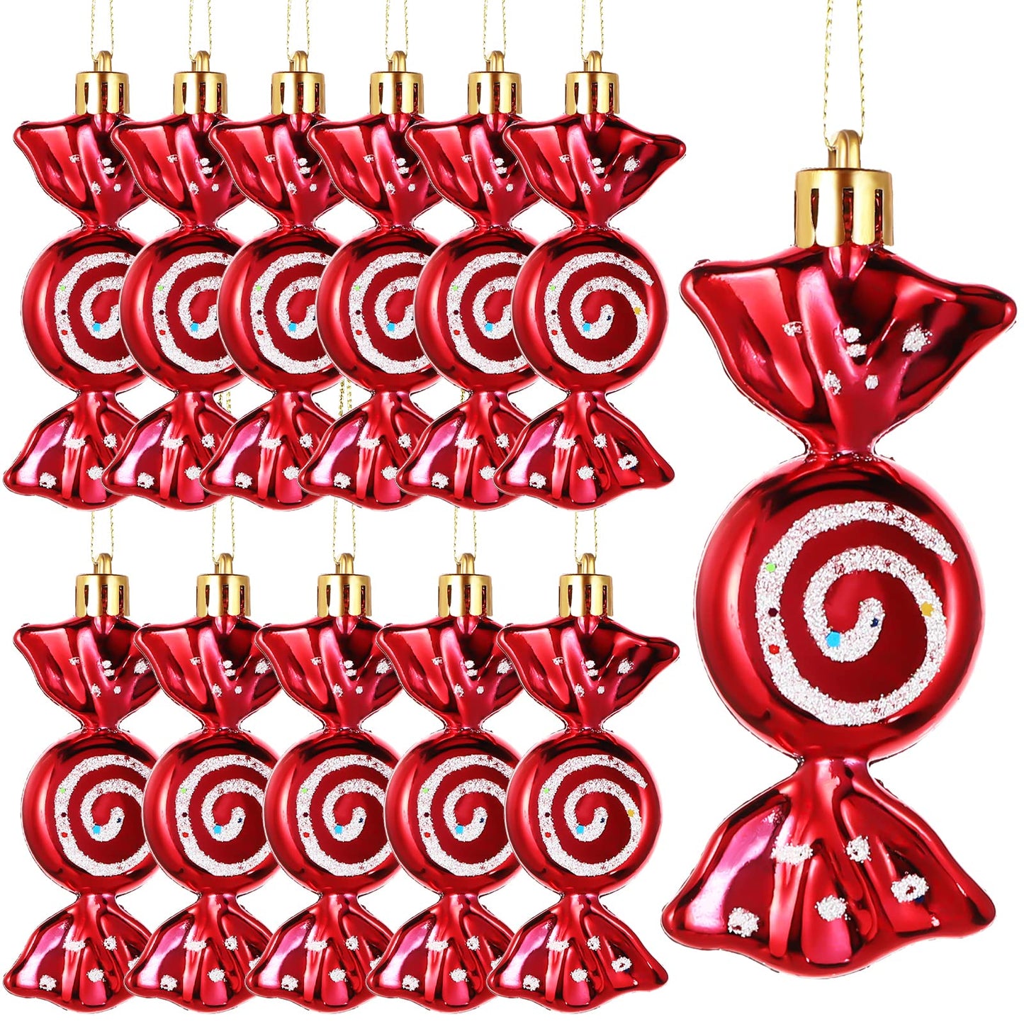 Threan 12 Pcs Christmas Candy Ornaments Hanging Glitter Candy Cane Decoration Xmas Tree Peppermint Ornament with Golden Rope for Xmas Halloween Decoration(Red,Plastic) - Medaid International