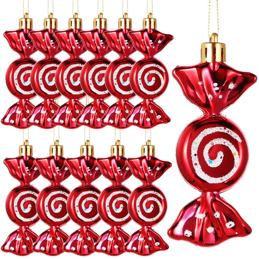 Threan 12 Pcs Christmas Candy Ornaments Hanging Glitter Candy Cane Decoration Xmas Tree Peppermint Ornament with Golden Rope for Xmas Halloween Decoration(Red,Plastic) - Medaid International