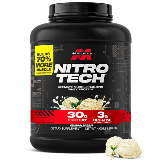 Muscletech Whey Protein Powder (Vanilla Cream, 4 Pound) - Nitro-Tech Ultimate Muscle Building Formula with Whey Protein Isolate - 30g of Protein, 3g of Creatine & 6.8g of BCAA - Packaging May Vary - Medaid International