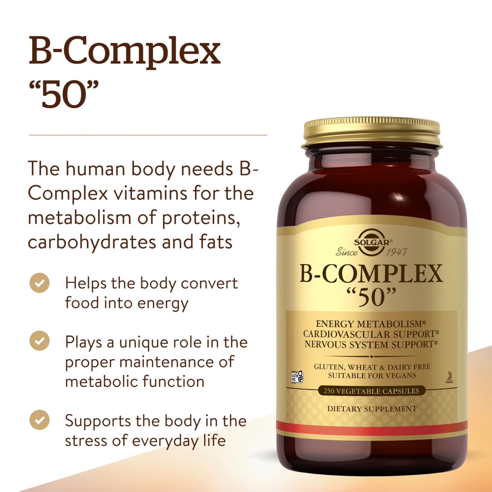 Solgar B-Complex “50”, 250 Vegetable Capsules - Energy Metabolism, Cardiovascular Support, Nervous System Support - Non-GMO, Vegan, Gluten Free, Dairy Free, Kosher - 250 Servings - Medaid International
