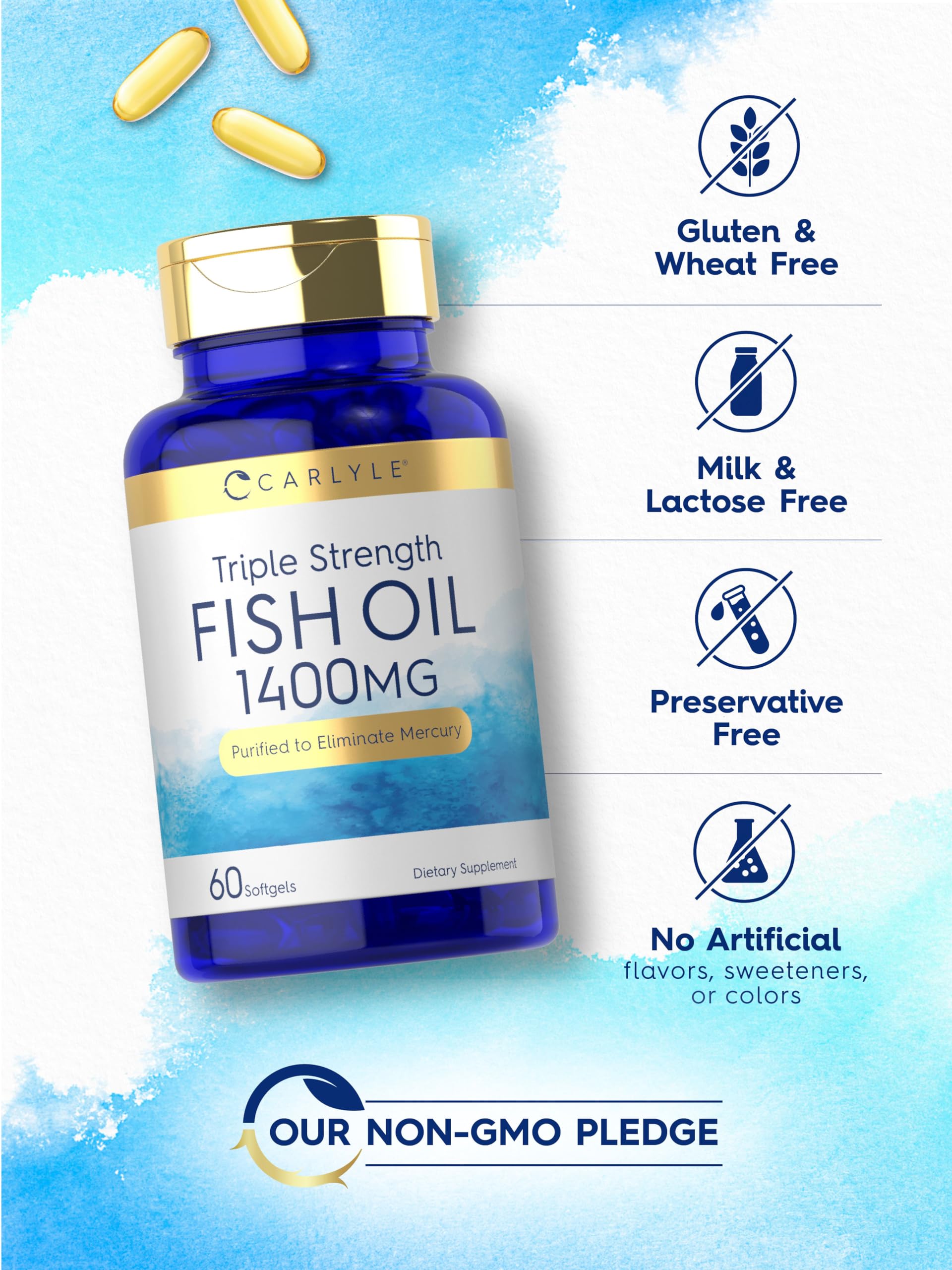 Carlyle Triple Strength Omega 3 Fish Oil | 1400mg | 60 Softgels | Non-GMO, Gluten Free Supplement - Medaid International