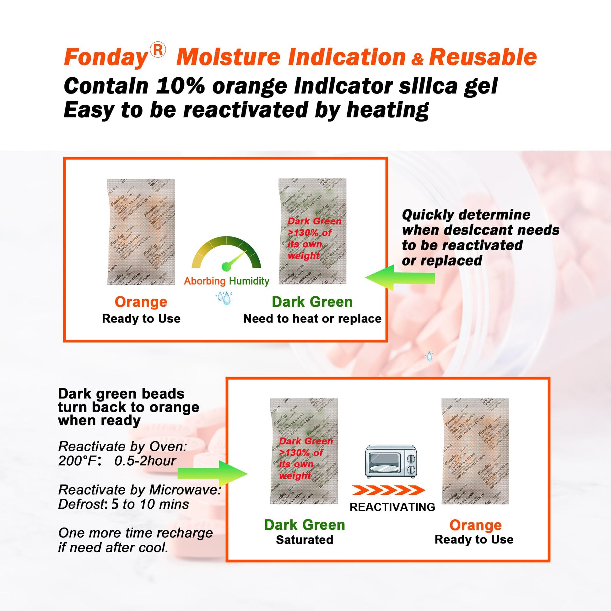 5g x 60 packs Fonday Rechargeable Silica Gel Desiccant Packets Food Grade Fast Reactivate Desiccant Bags Moisture Indicating Orange to Green - Medaid International