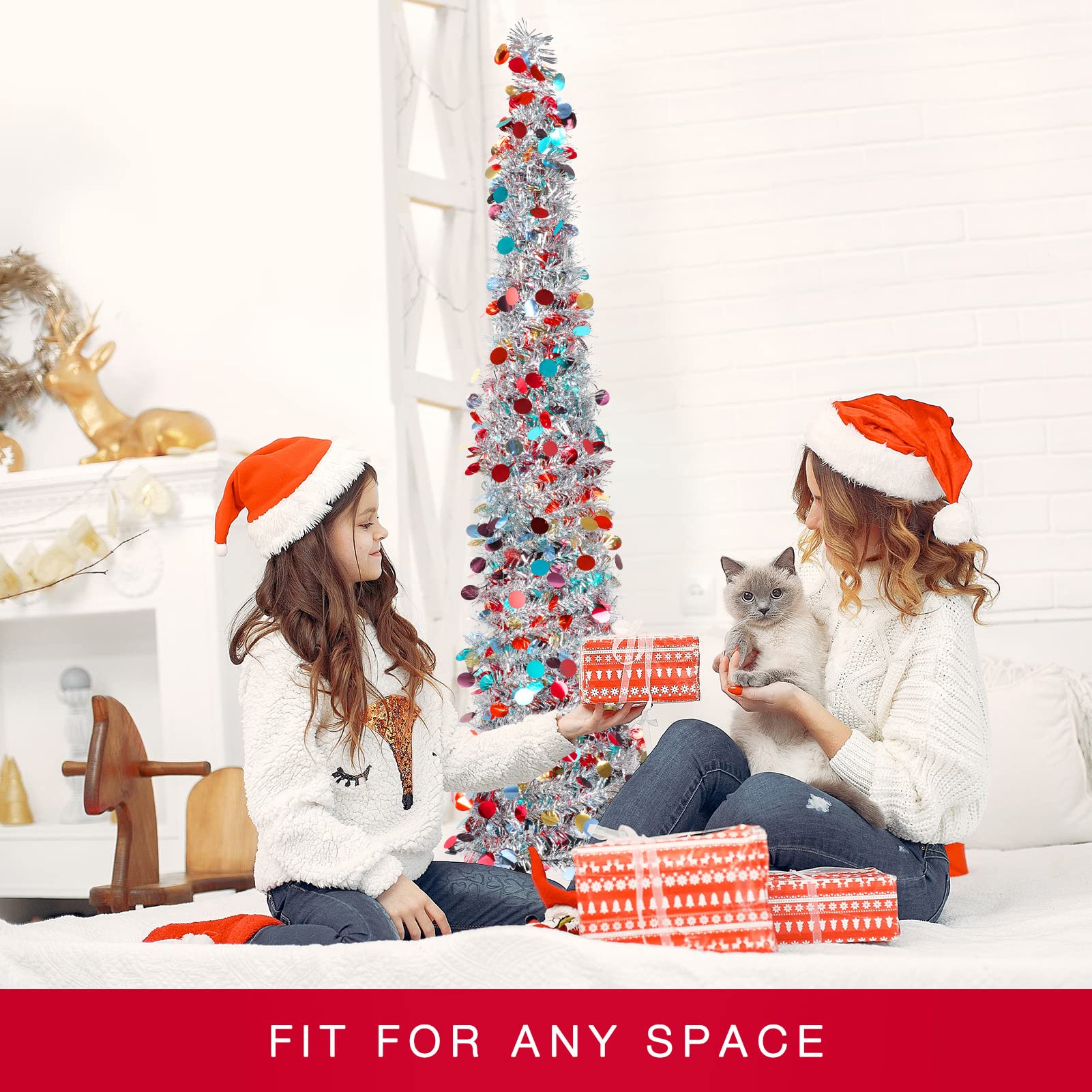 Christmas Tree, 5Ft Artificial Christmas Tree Decorations Pencil Xmas Tree for Home Party Office Fireplace Holiday Decorations Valentines Day Decoration Gifts for Mom(Silver) - Medaid International