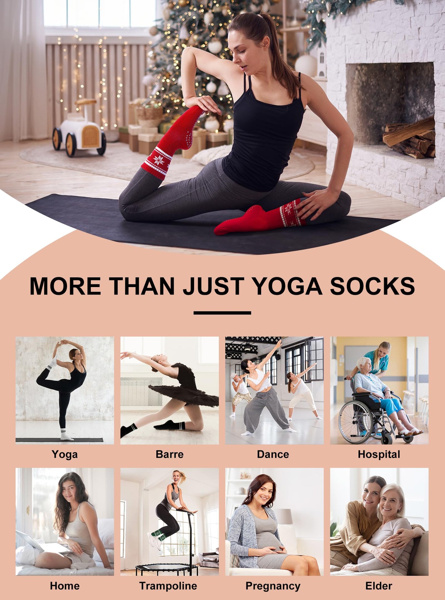 Toes Home Pilates Socks for Women with Non Slip Grips, Christmas Gifts Yoga Crew Socks for Barre Hospital Slipper 4 Pairs Red Green - Medaid International