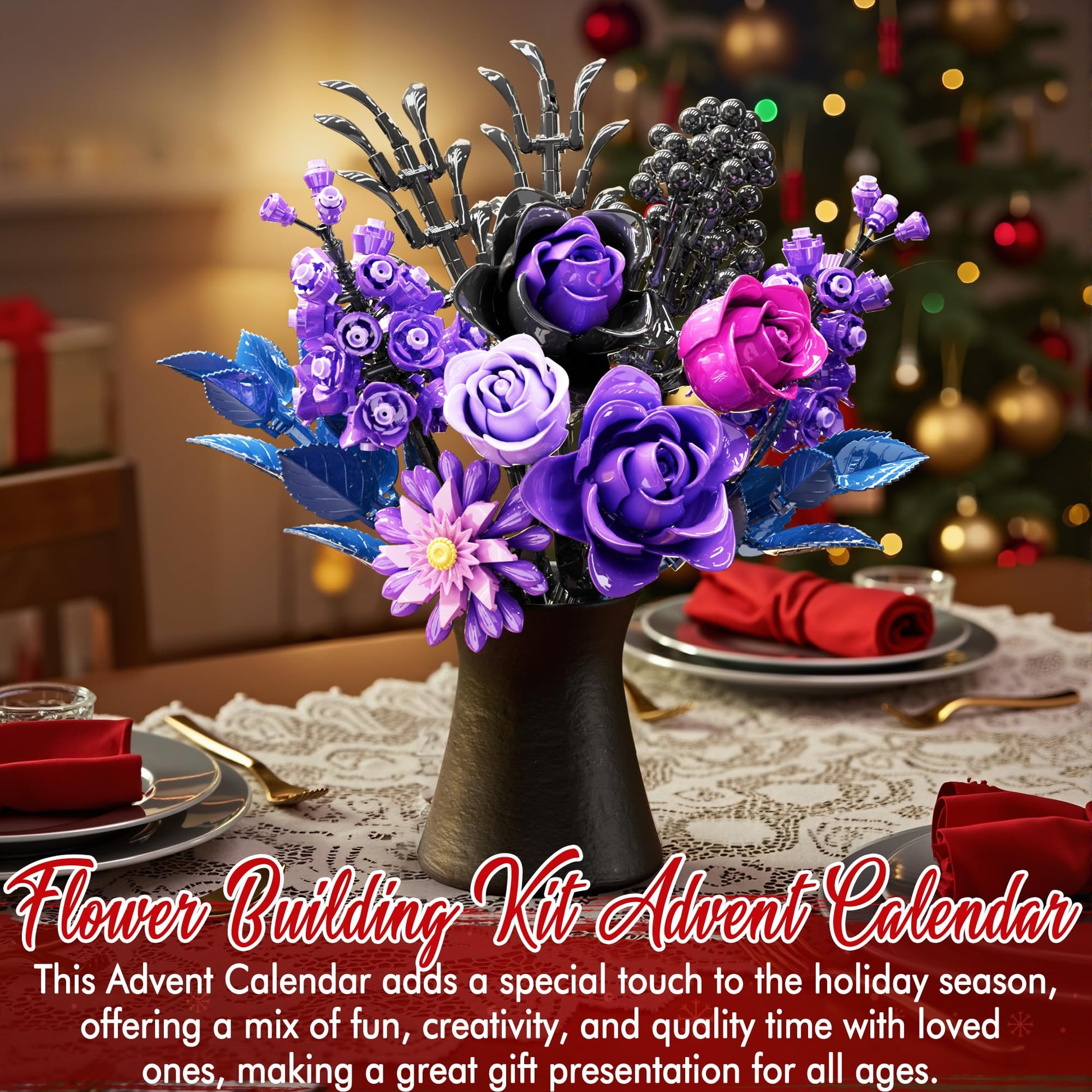Qinline Purple Rose Advent Calendar 2025 for Adults Teens Kids - Christmas Flower Bouquet Building Blocks 24 Day Countdown Calendar Artificial Botanical Collectio Halloween Home Decor Gifts for Women - Medaid International