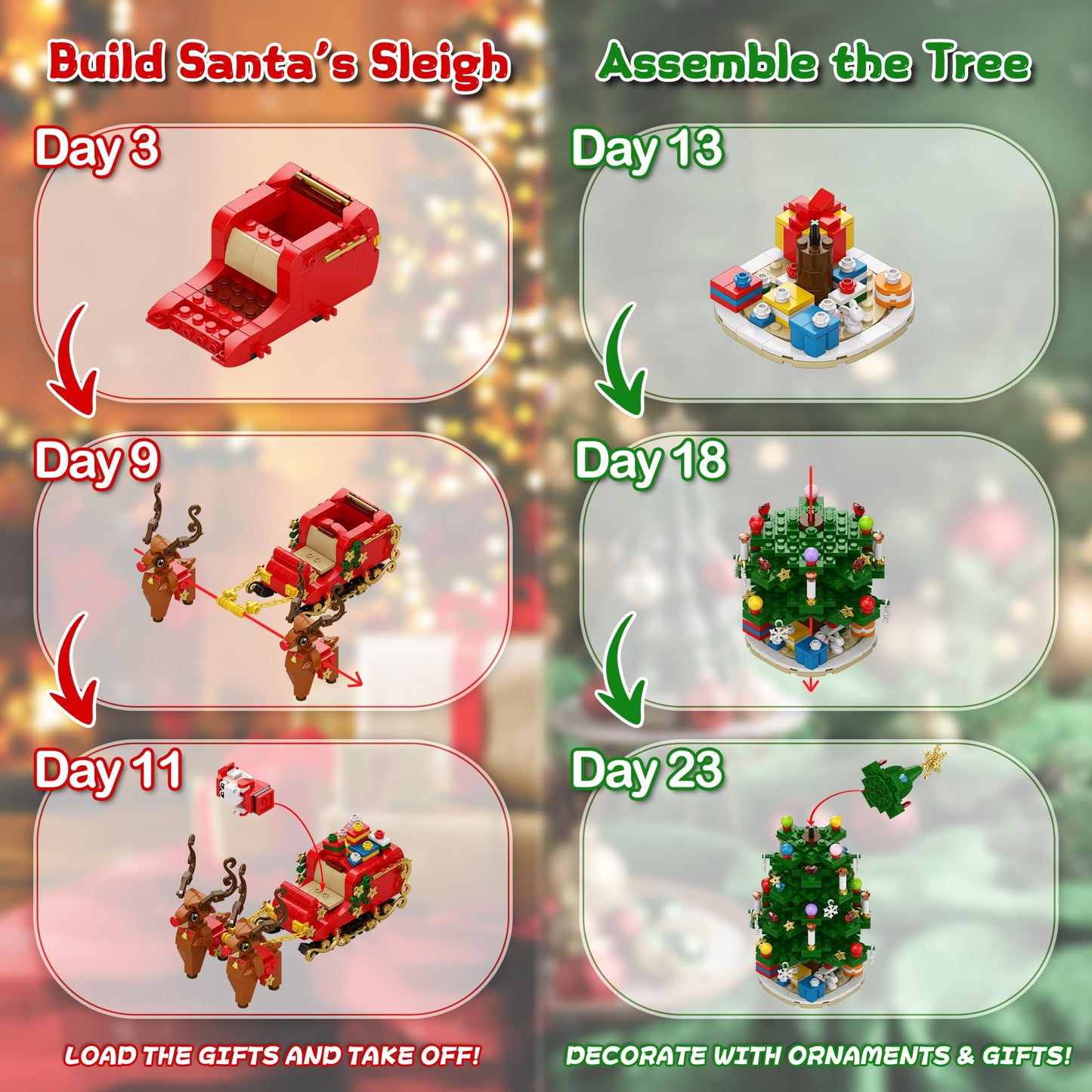 Rubypop Christmas Tree Advent Calendar 2025, 24 Day Countdown Kit with 912PCS Building Blocks Set, Xmas Holiday Decorations Gift for Kids Teen Girls Boys (Santa Sleigh Reindeer) - Medaid International