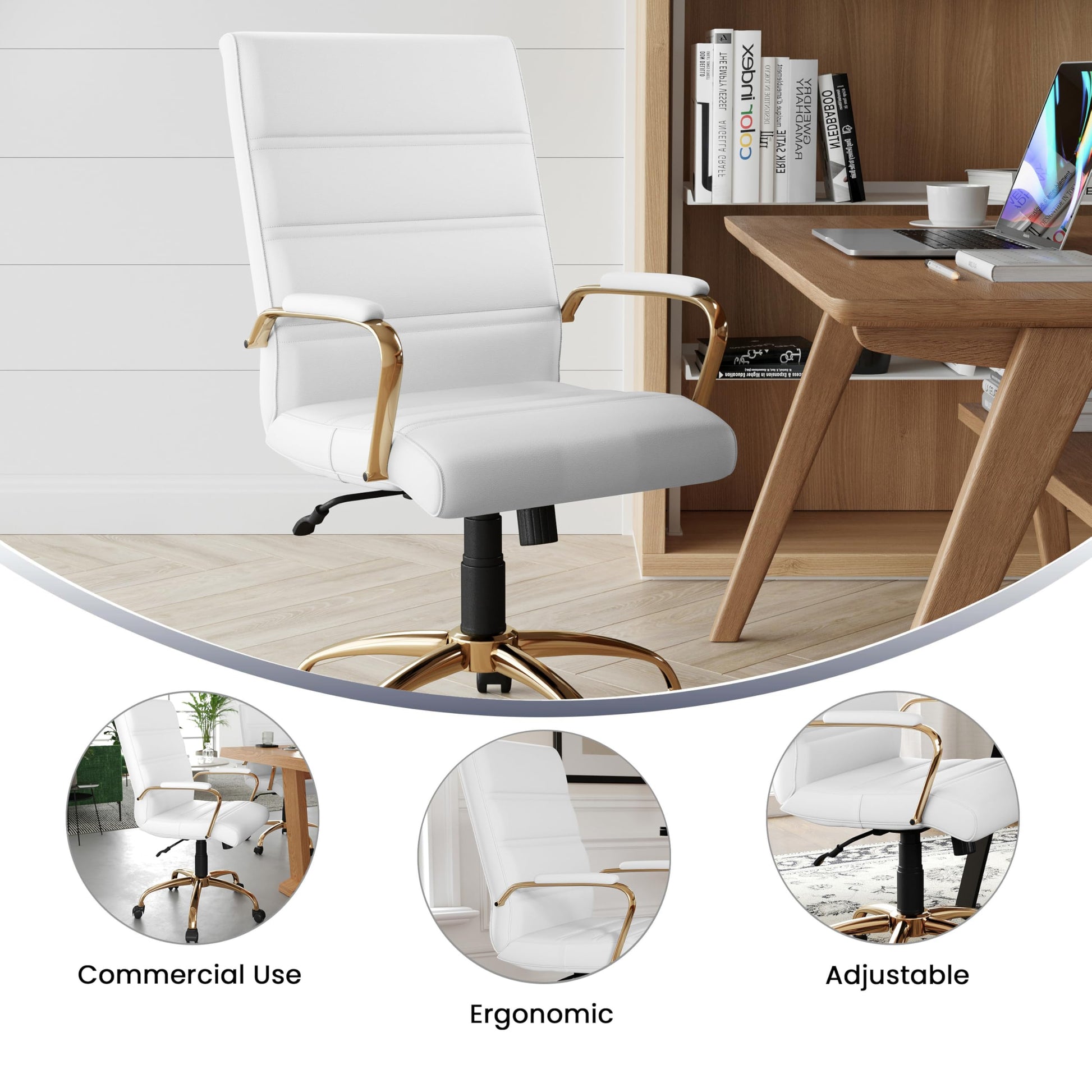Flash Furniture Whitney Mid-Back Swivel LeatherSoft Desk Chair with Padded Seat and Armrests, Adjustable Height Padded Office Chair, White/Gold - Medaid International