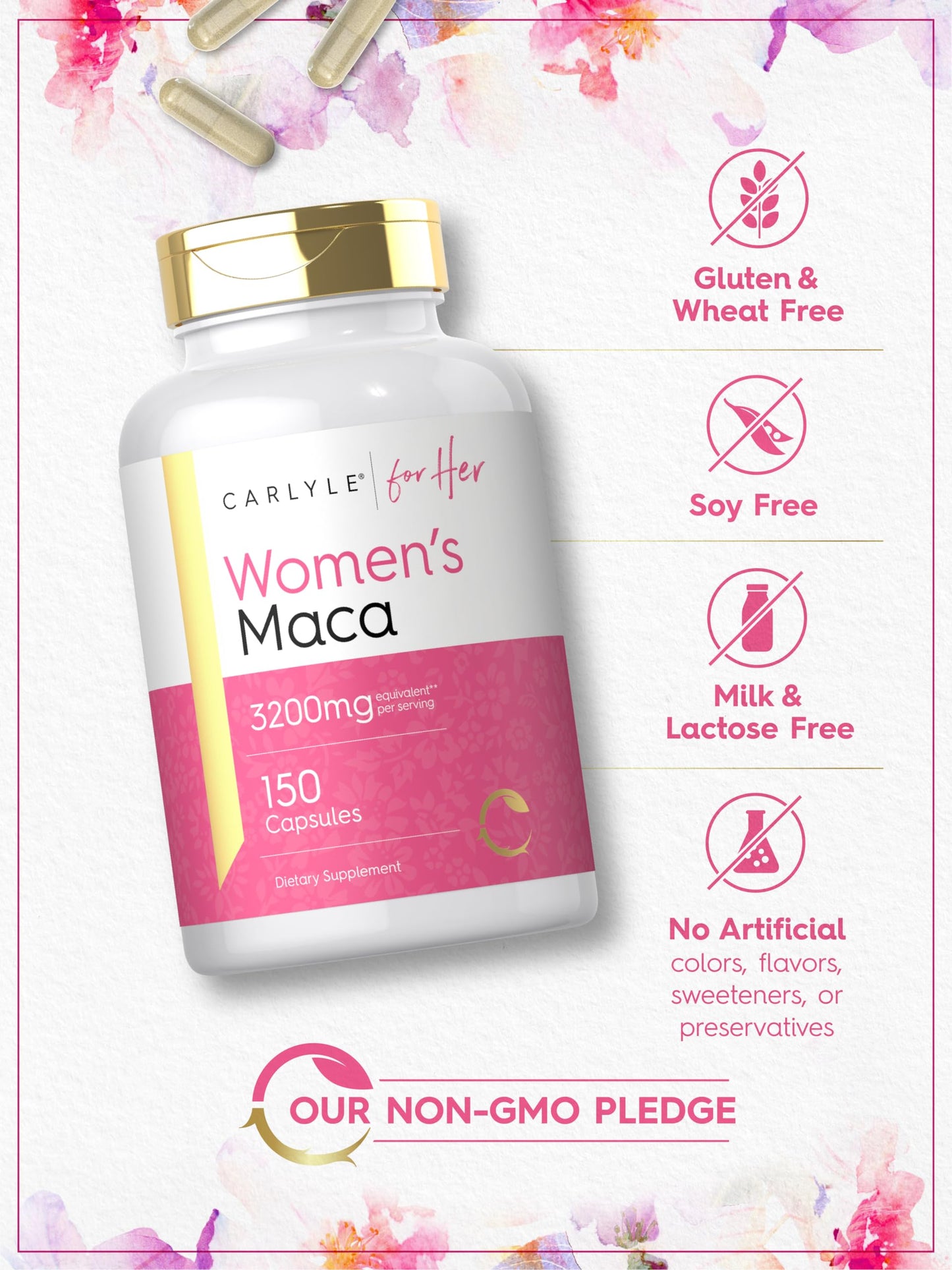 Carlyle Maca Root Capsules for Women 3200mg | 150 Count | Non-GMO, Gluten Free Supplement | for Her - Medaid International