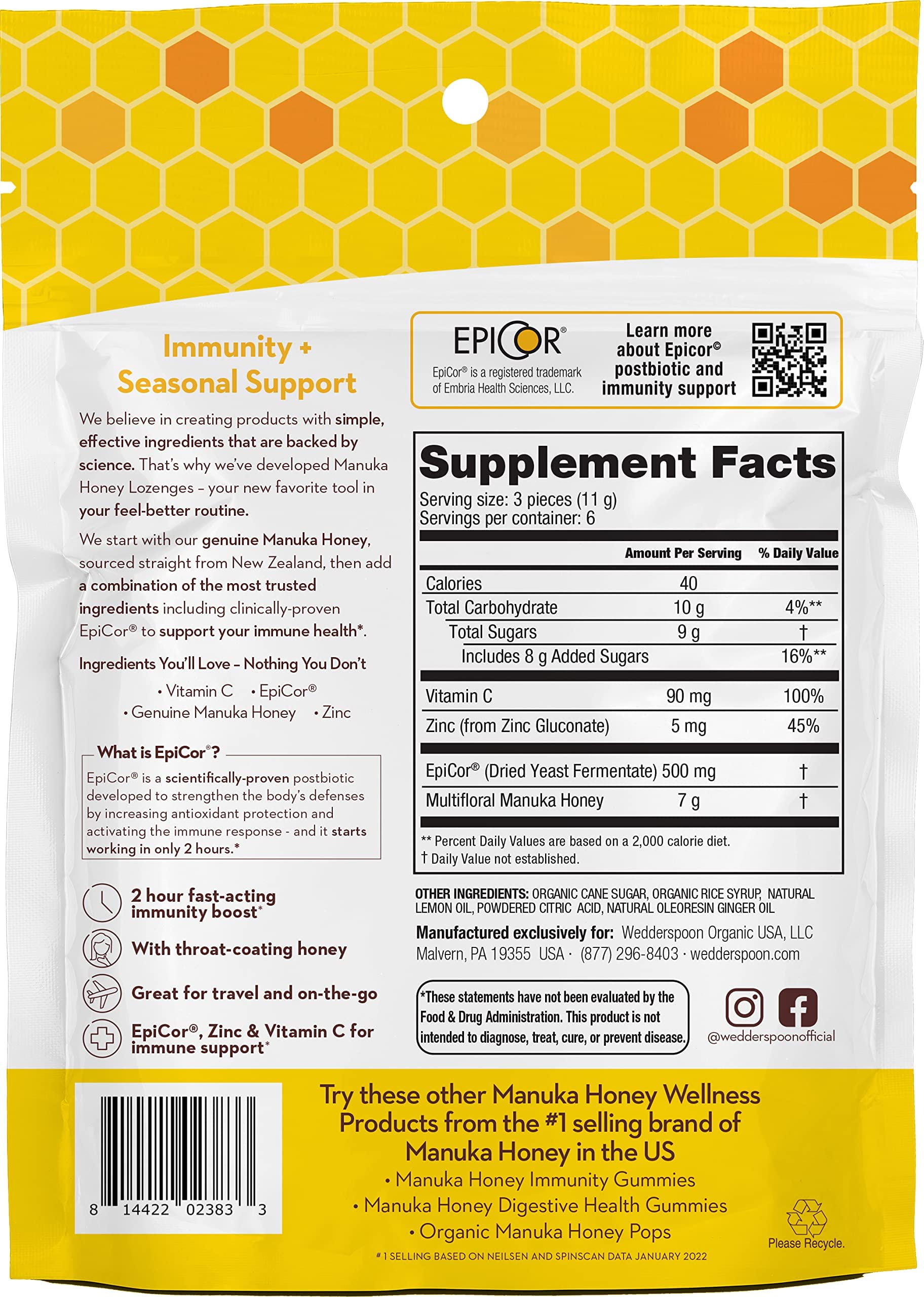 Wedderspoon Manuka Honey Immunity Lozenges, Lemon Ginger, 2.6 Oz (Pack of 1), Genuine New Zealand Honey, Boost Immunity Within Two Hours - Medaid International